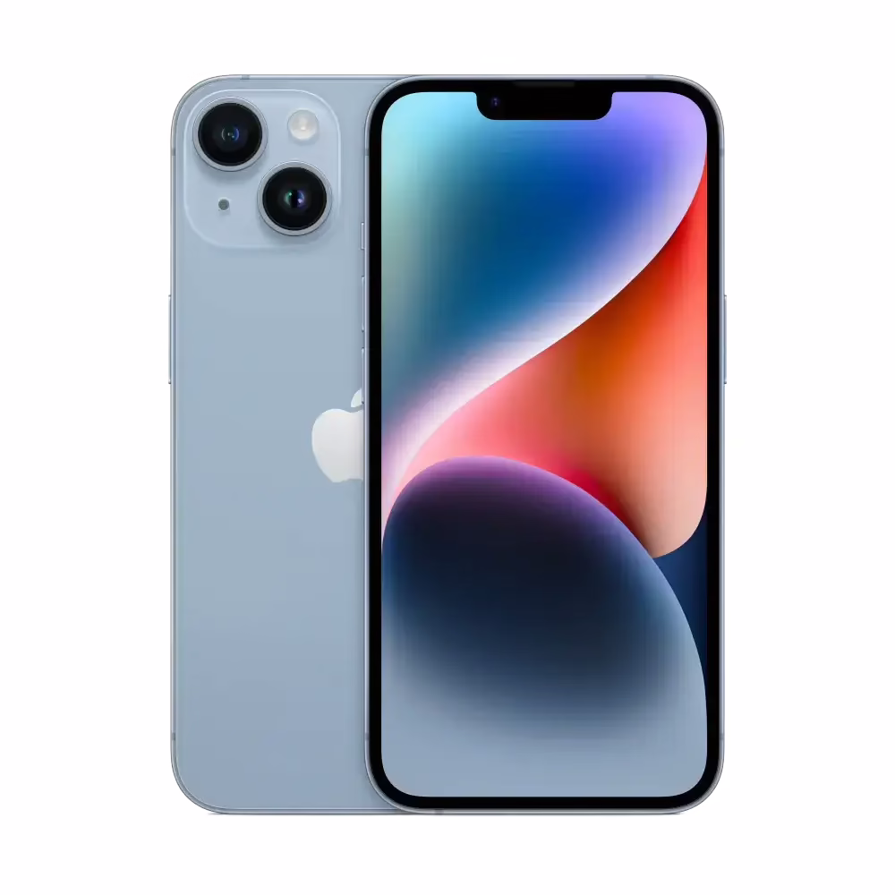 Refurbished iPhone 14 128GB Blue – Excellent 5 Light blue iPhone with dual cameras.