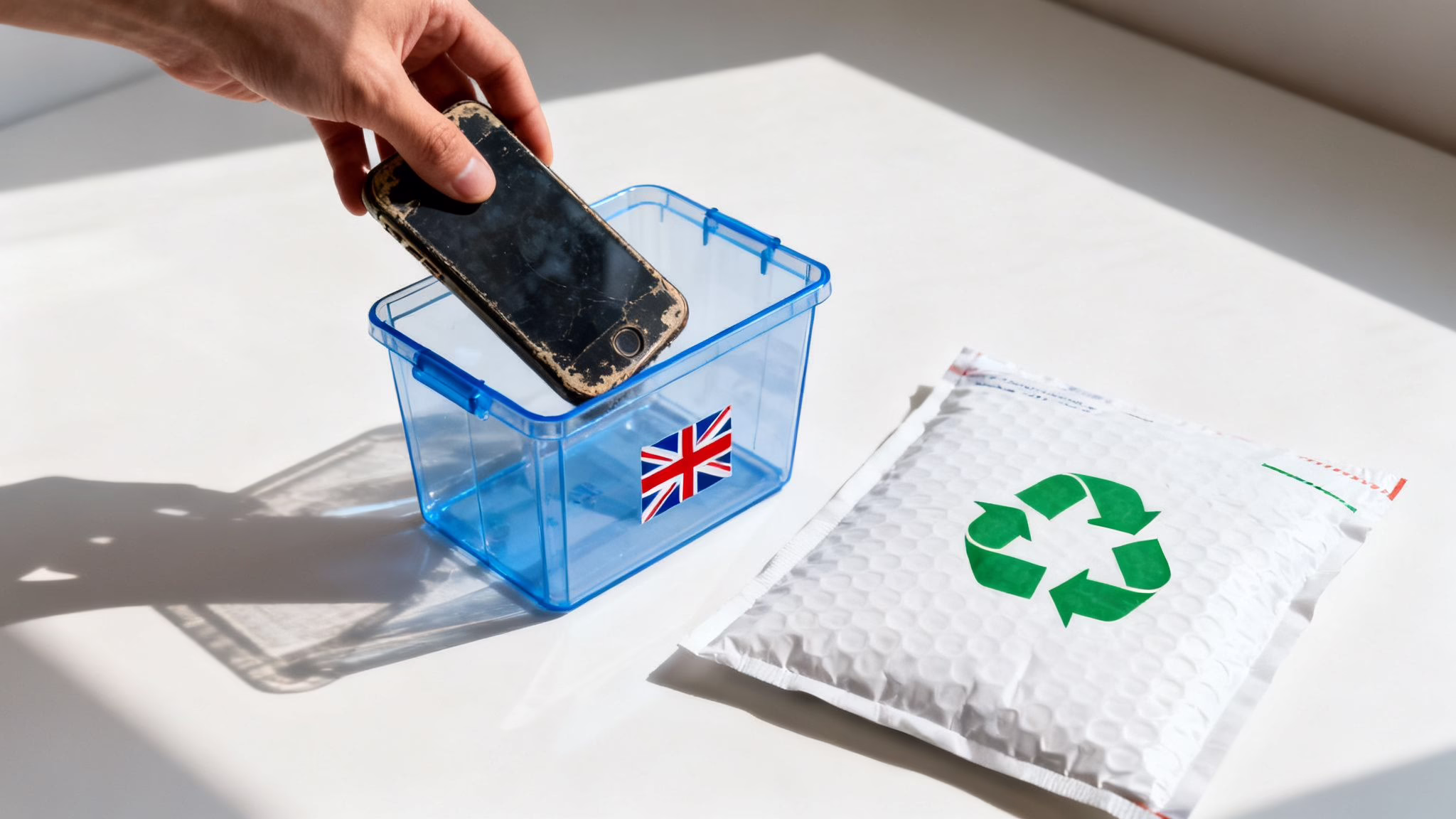 Sustainability 1 A hand placing a mobile phone into a recycling box