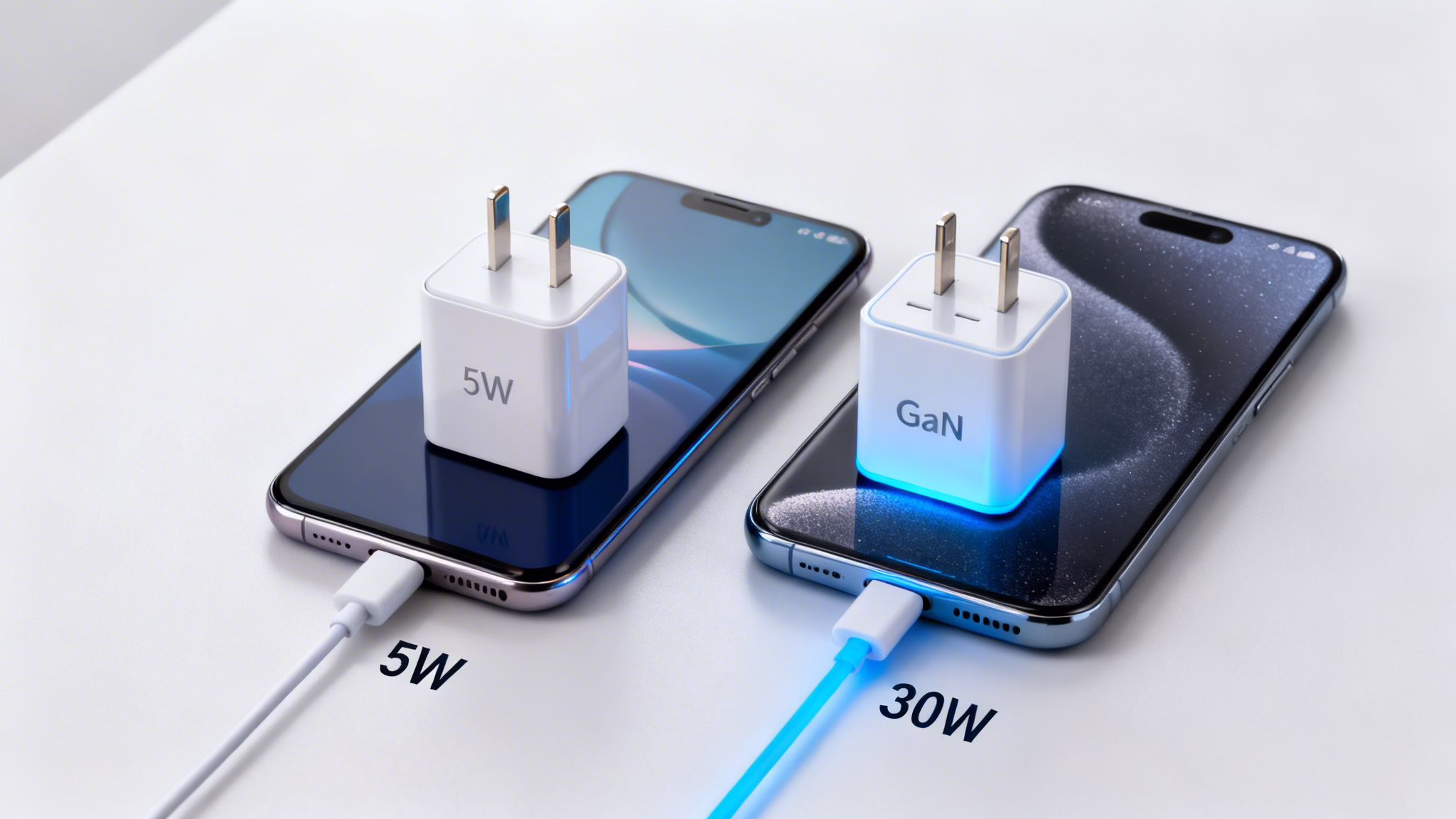 How to Choose the Right Android Phone Charger 3 Two smartphones on a white surface, one charging with a 5W charger, the other with a 30W GaN charger.