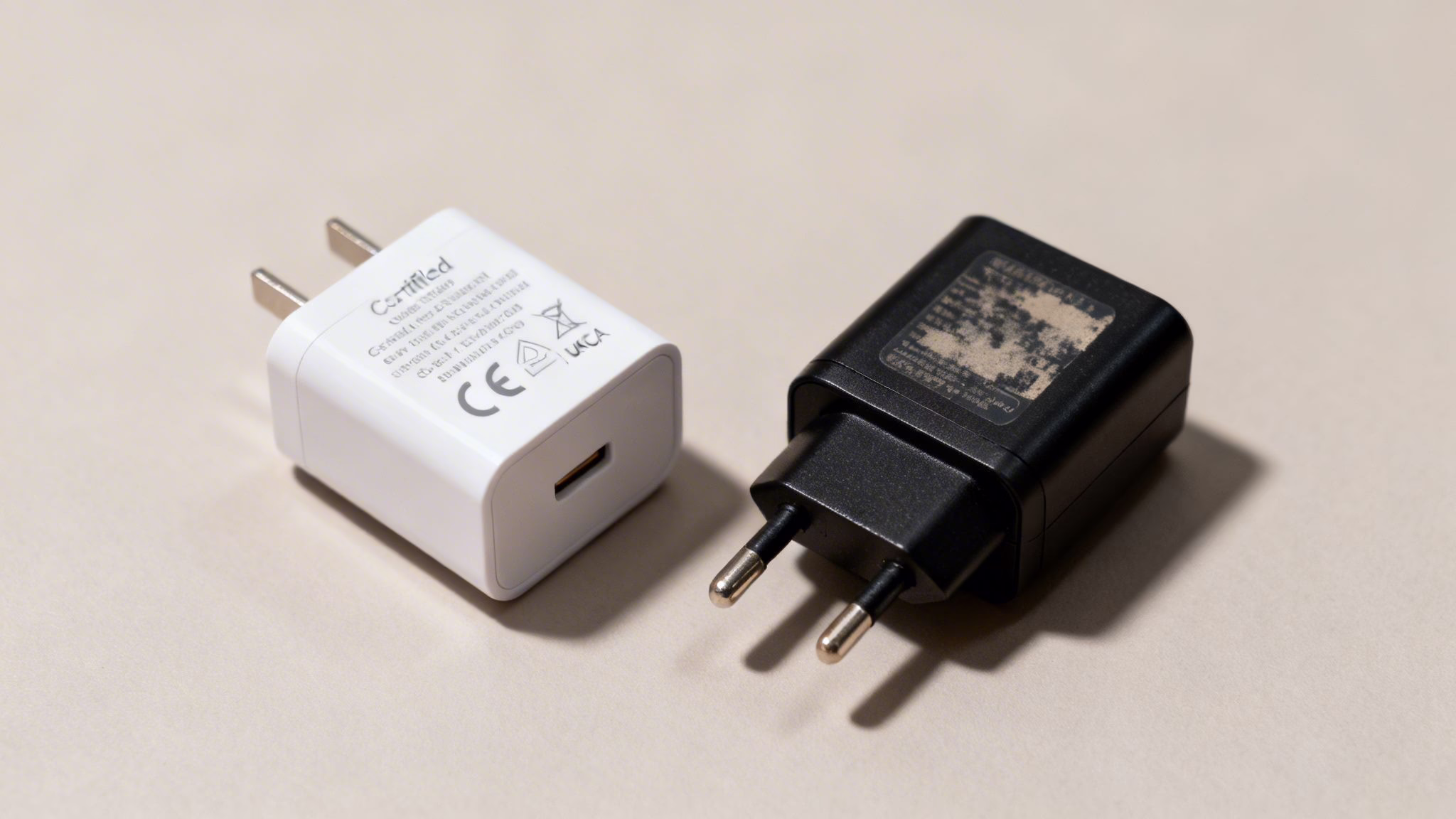 How to Choose the Right Android Phone Charger 4 Two distinct phone chargers, one white with US prongs, the other black with EU prongs, on a light surface.