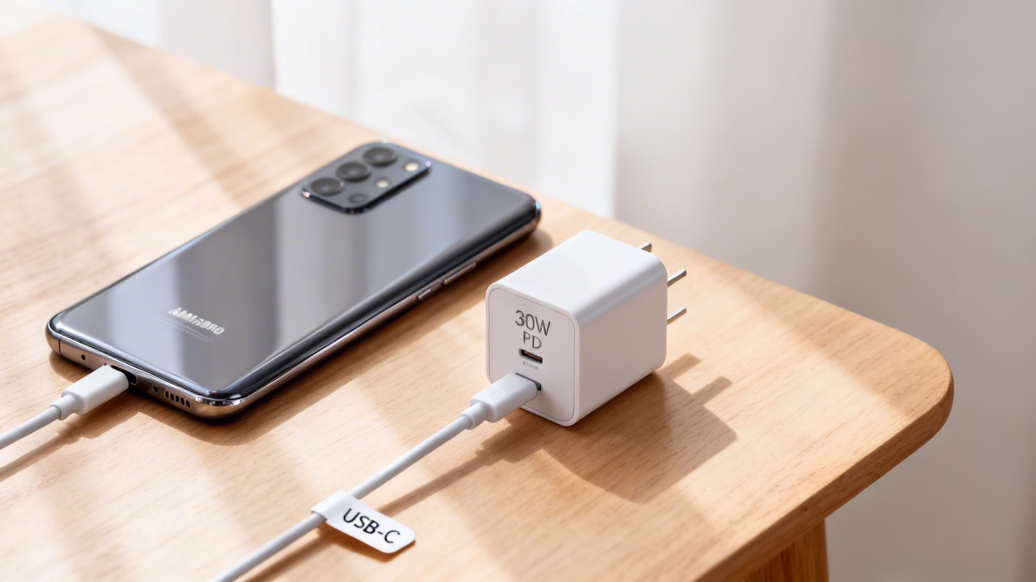 How to Choose the Right Android Phone Charger 1 A black Android smartphone charging with a white 30W PD USB-C charger on a wooden table.