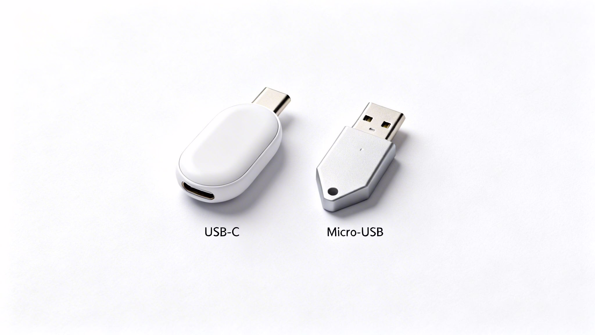 How to Choose the Right Android Phone Charger 2 Two USB adapters side-by-side: a white USB-C adapter and a silver Micro-USB adapter on white background.
