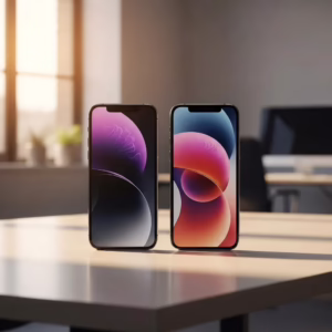 Refurbished iPhone 15 and iPhone 16 side by side on a modern desk