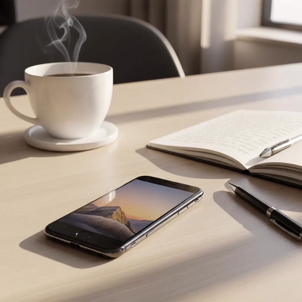 Refurbished iPhone 16 on a modern desk with lifestyle elements