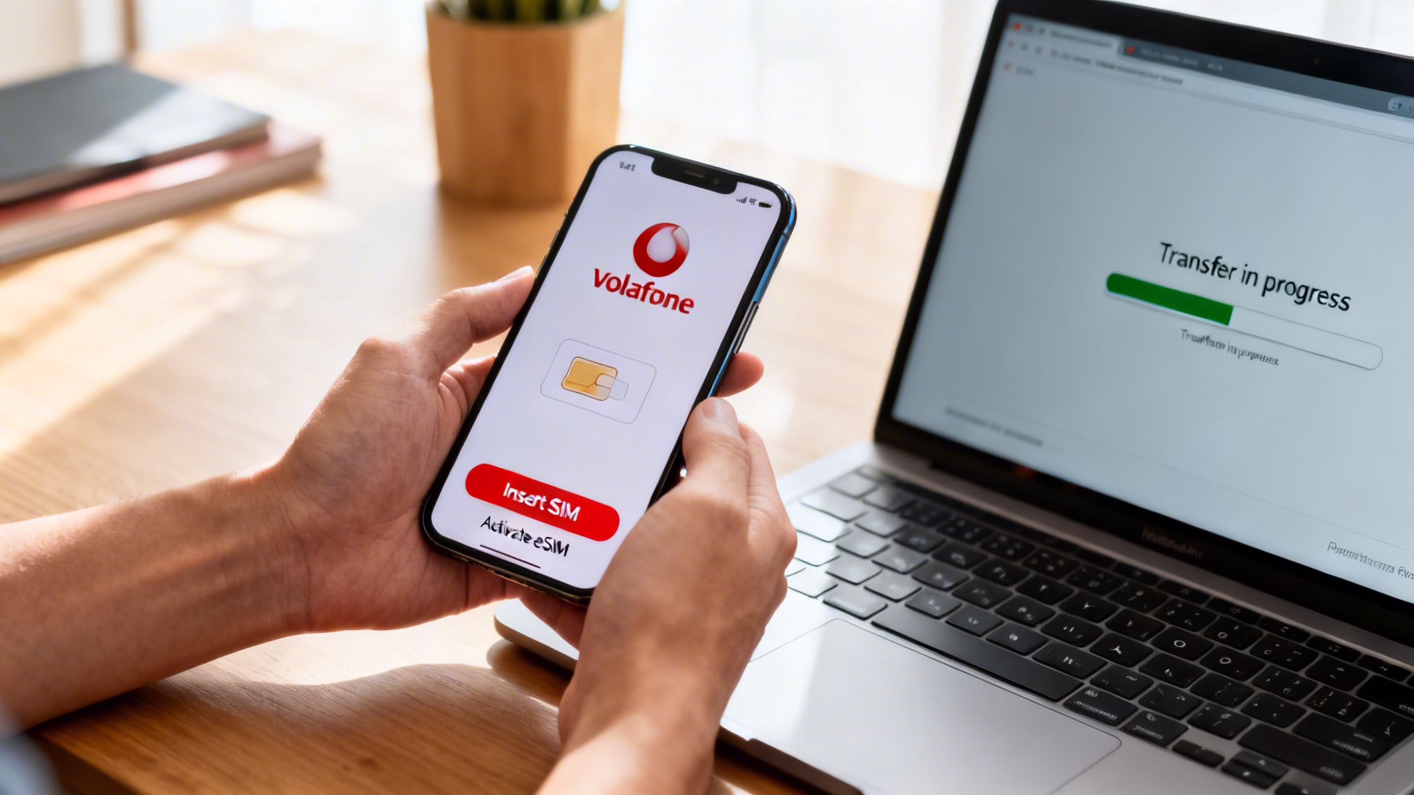 Refurbished Phone Vodafone: Will It Work in the UK? 4 Person holding smartphone displaying Vodafone app for SIM card activation, with a laptop showing data transfer.