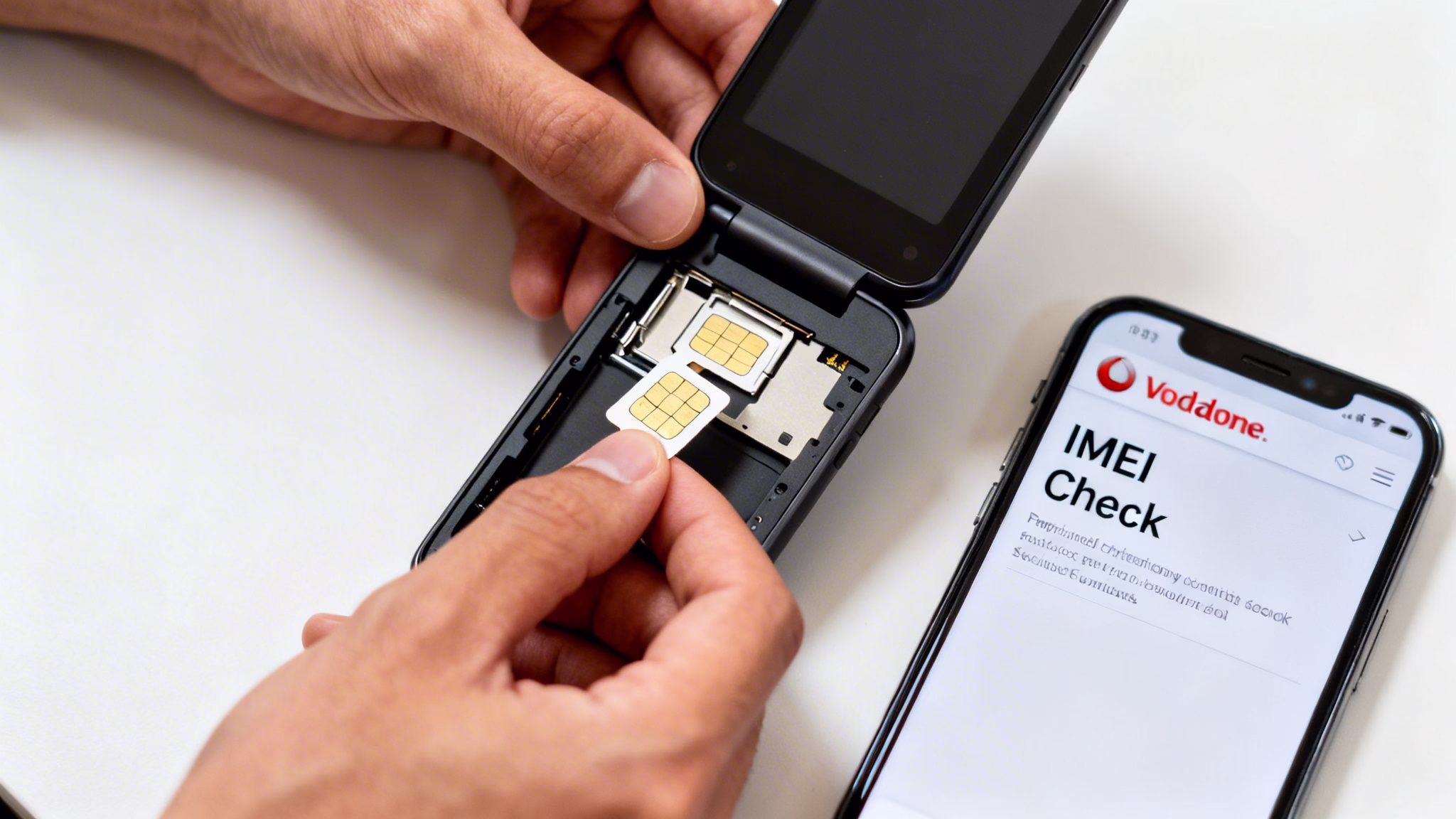 Refurbished Phone Vodafone: Will It Work in the UK? 2 Hands insert a SIM card into a black flip phone, with a Vodafone IMEI check displayed on a smartphone.