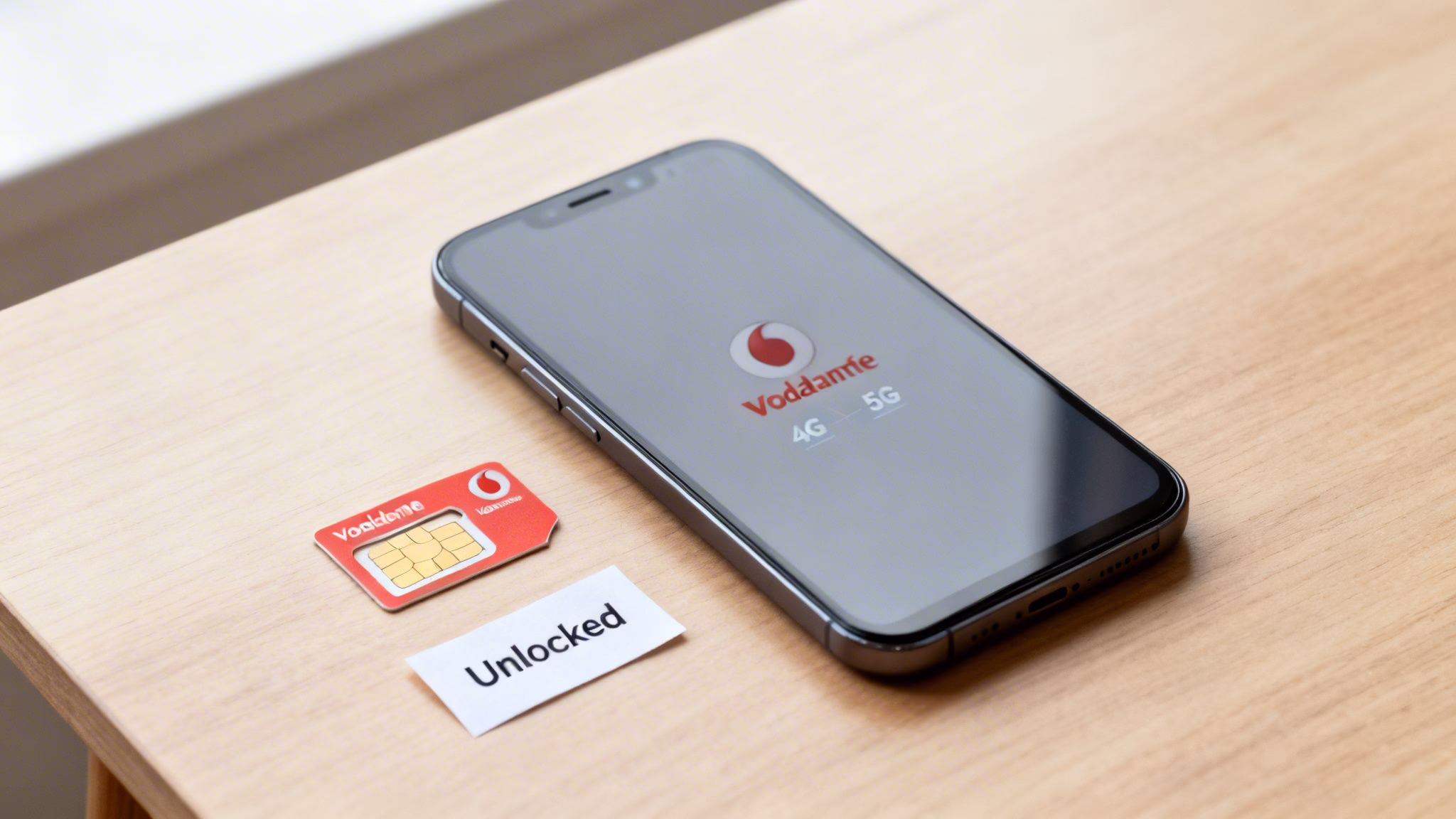 Refurbished Phone Vodafone: Will It Work in the UK? 1 A black smartphone displaying the Vodafone logo with 4G/5G, a Vodafone SIM card, and an 'Unlocked' note on a wooden table.
