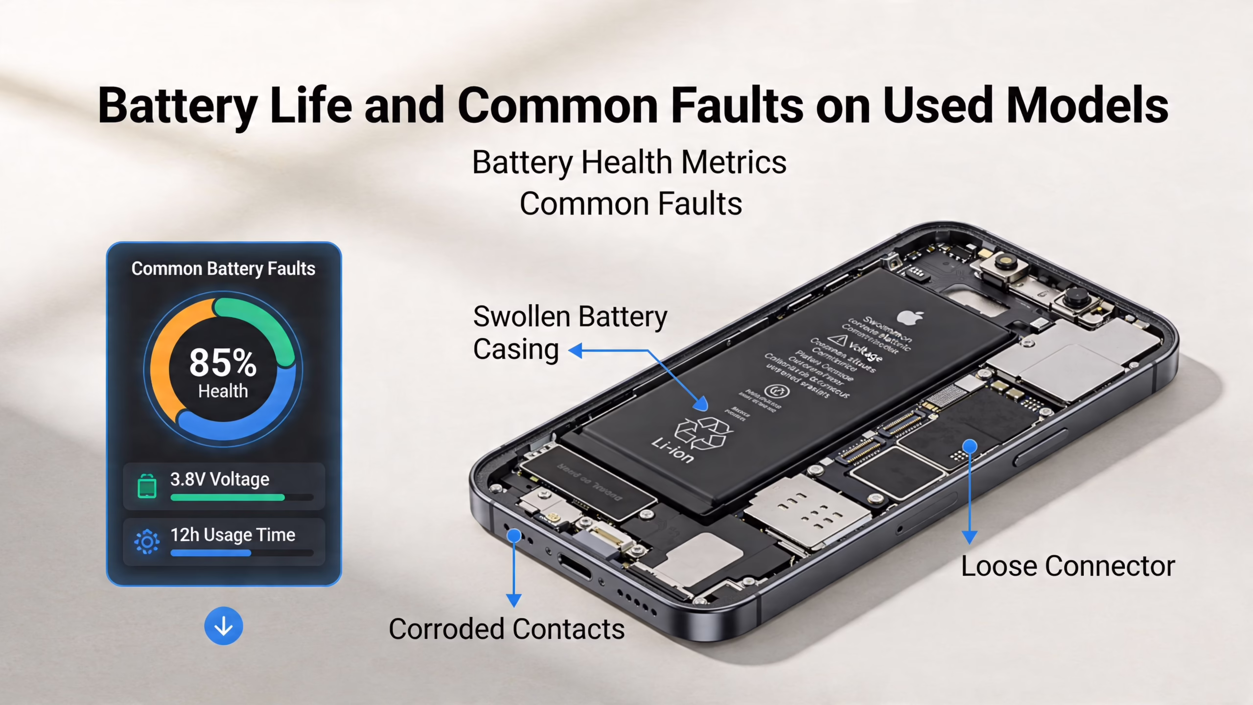 An internal view of a smartphone showing battery health, swollen casing, corroded contacts, and a loose connector.
