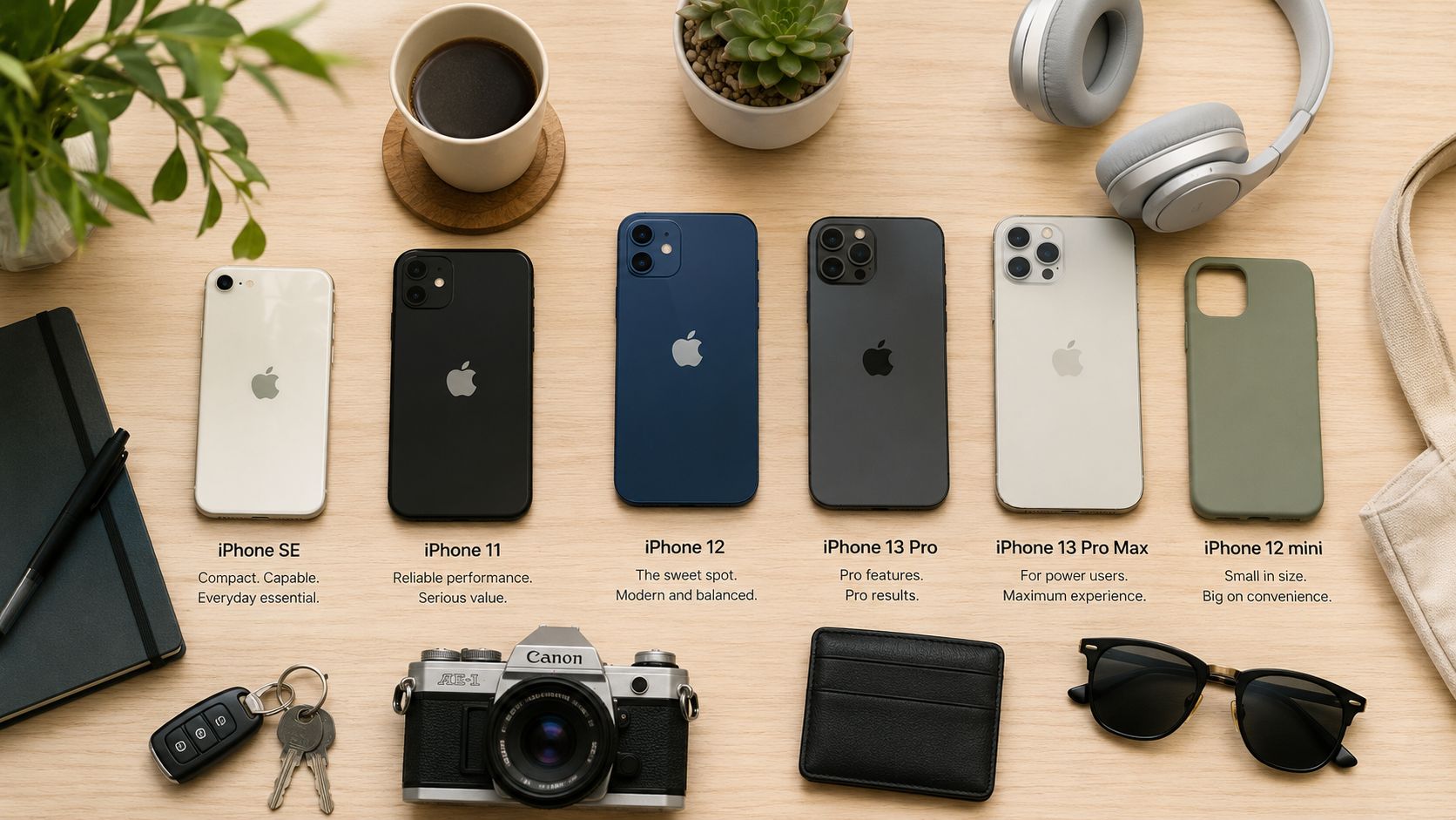 Discover the Best Refurbished iPhone to Buy 2026: UK Guide 3 Flat lay of six Apple iPhone models arranged with accessories on a wooden office desk surface.