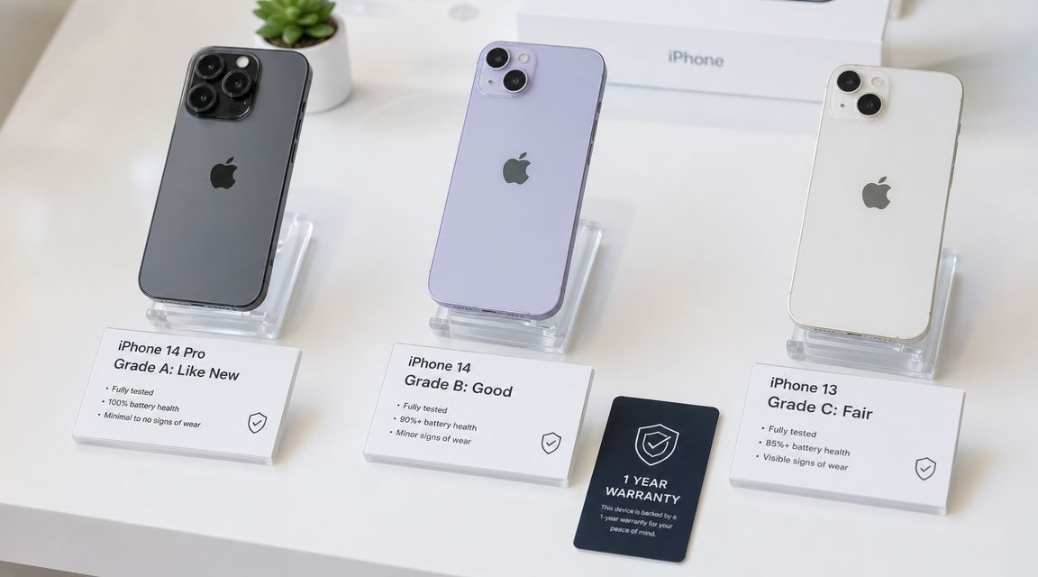 Discover the Best Refurbished iPhone to Buy 2026: UK Guide 1 Three iPhones displayed on a white surface with individual grade labels and a one-year warranty card.