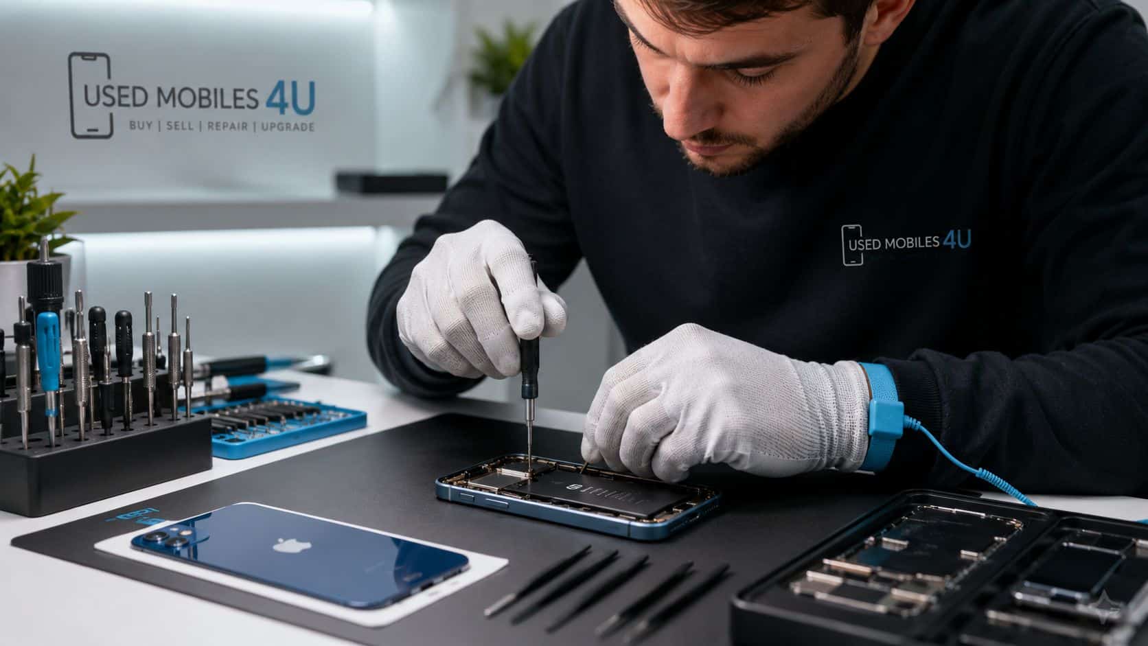 Discover the Best Refurbished iPhone to Buy 2026: UK Guide 2 A technician wearing white gloves uses a precision screwdriver to repair a blue smartphone in a workshop.