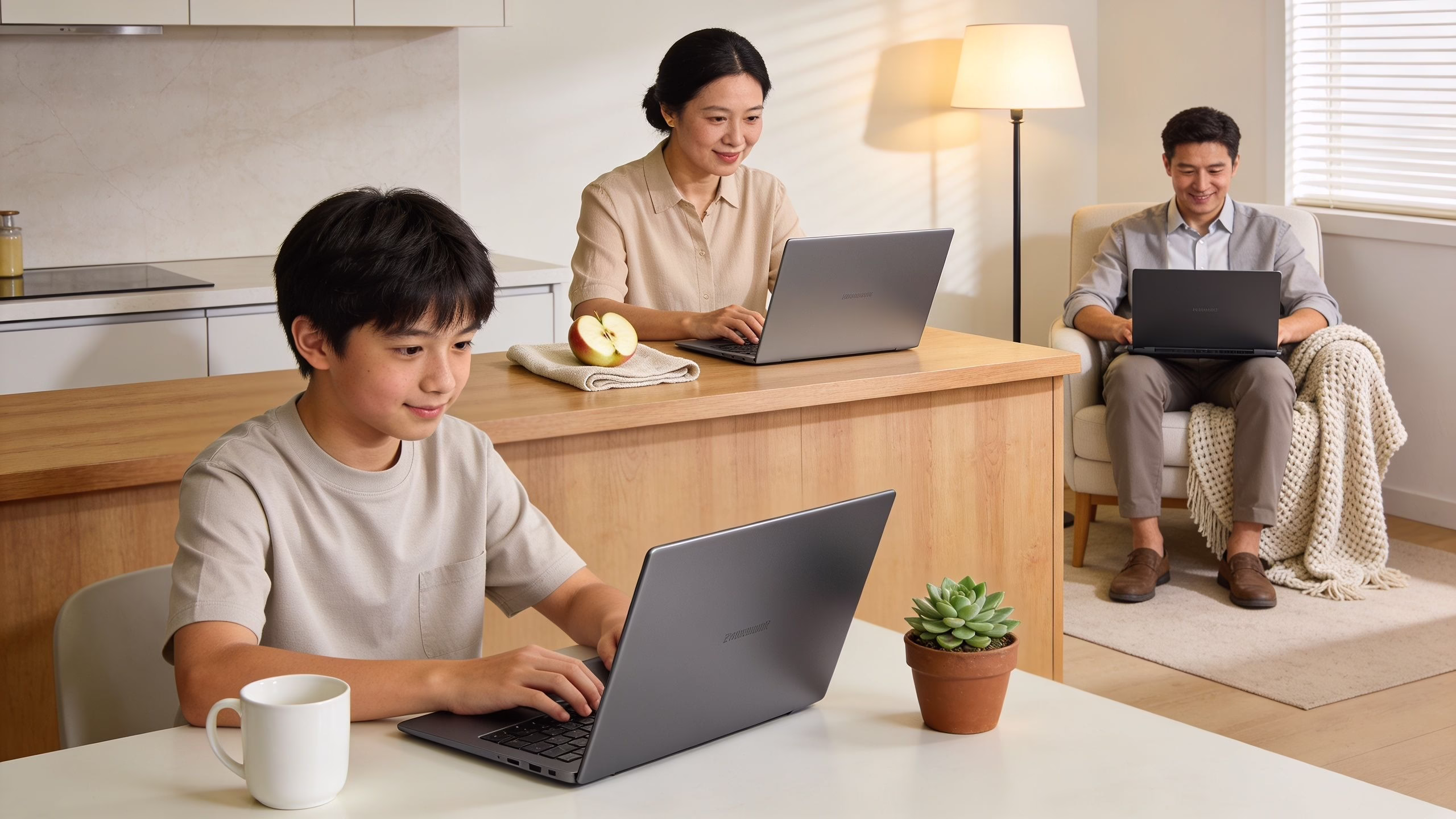 A family of three working and studying together on laptops in a modern, bright, and comfortable home.