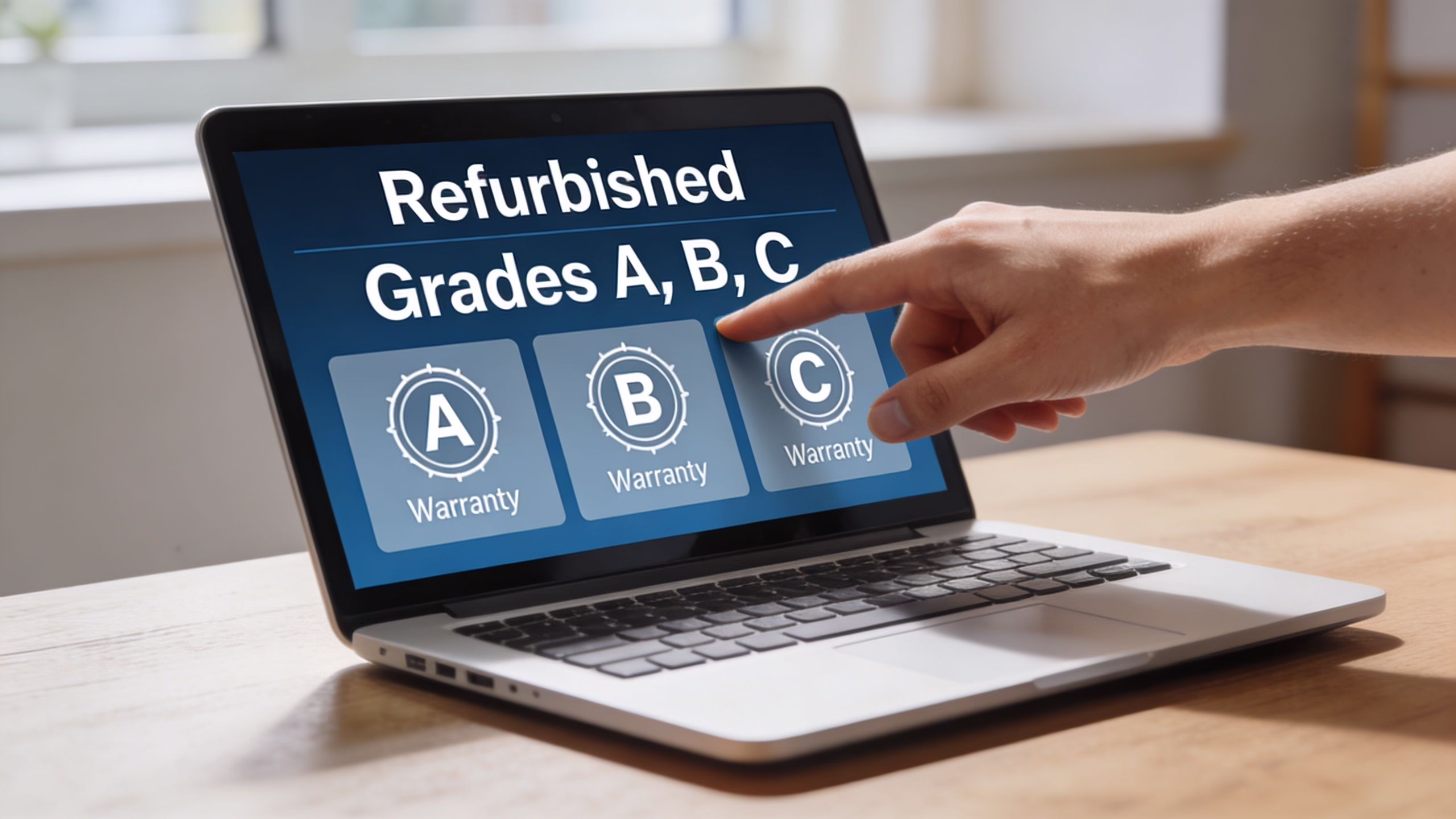 A person pointing at the letter C option on a laptop screen displaying refurbished grade warranty categories.
