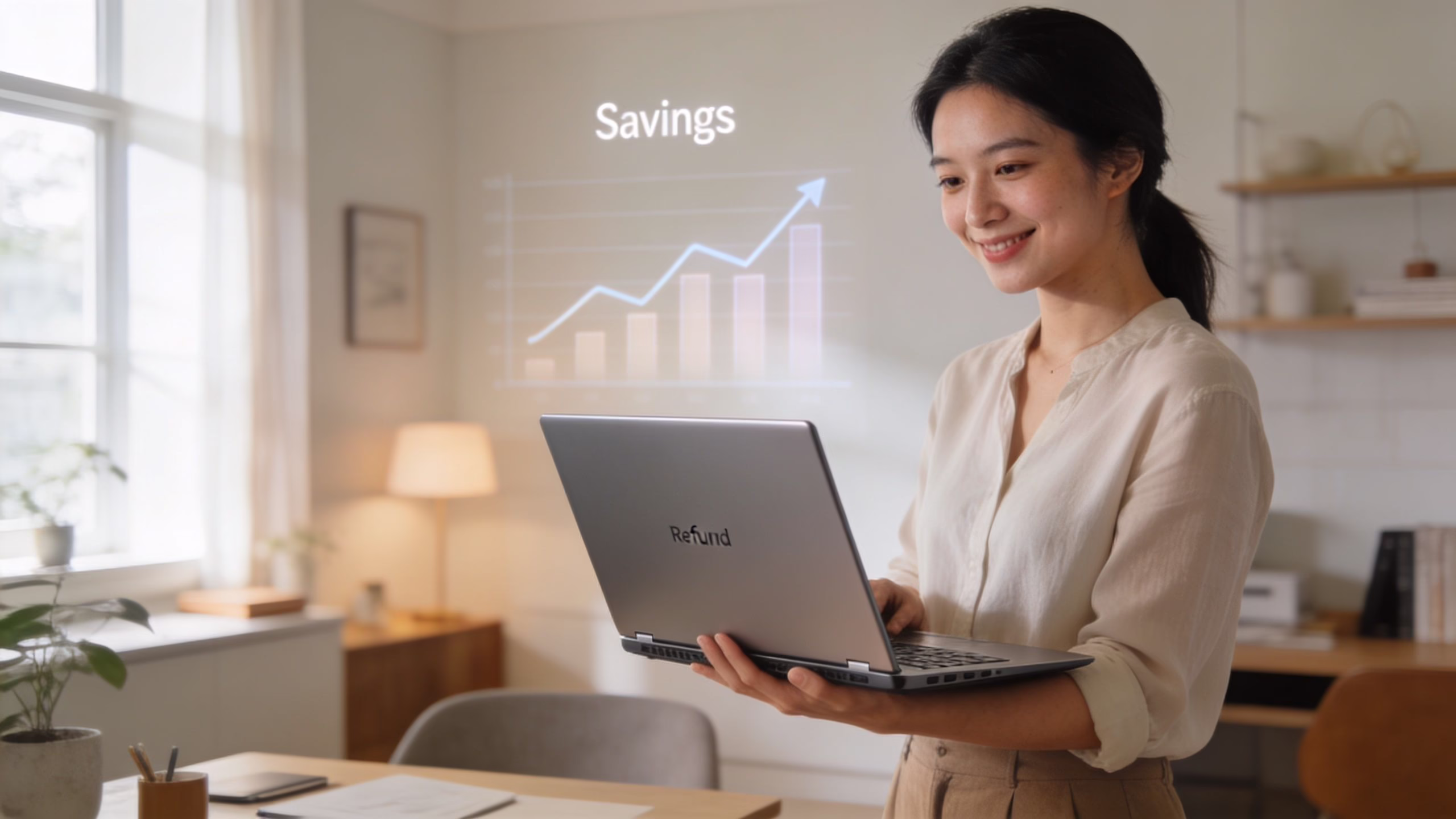 A smiling Asian woman stands holding a refurbished laptop while looking at a virtual savings growth graph.