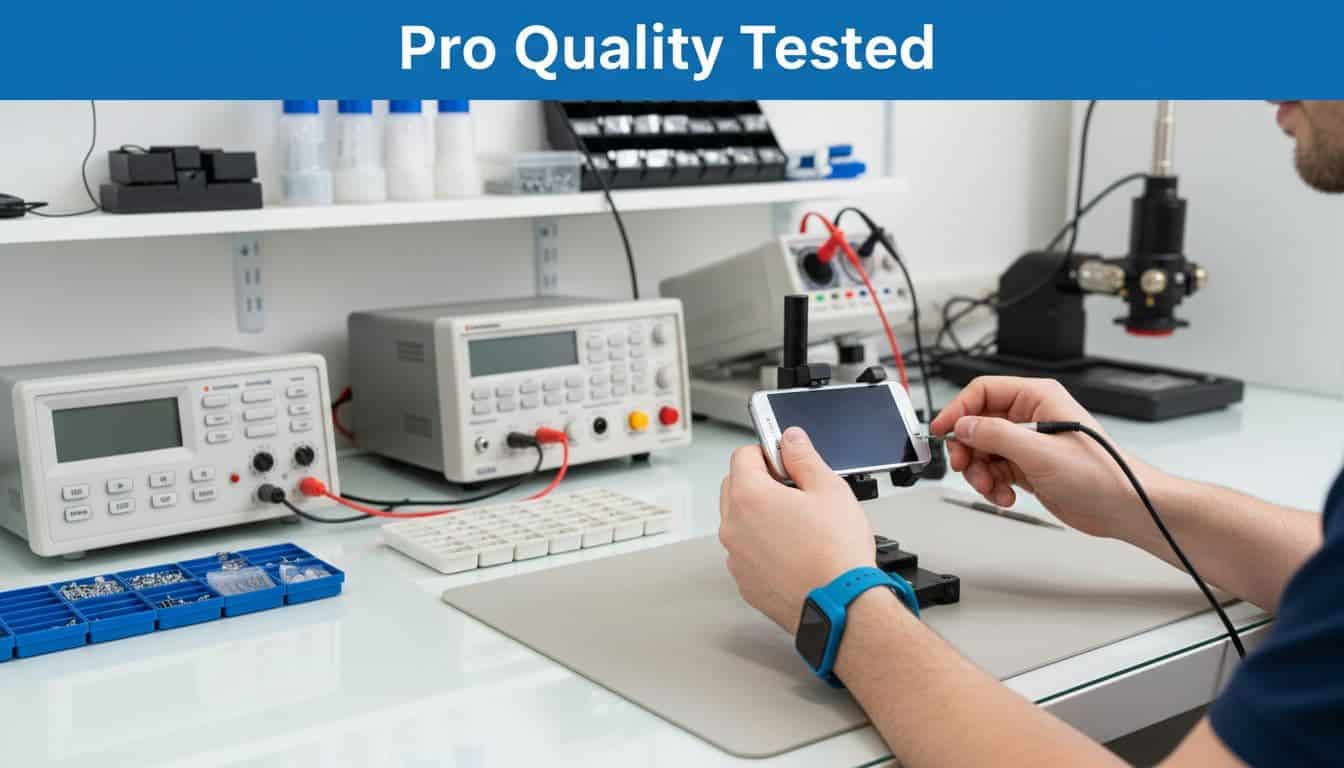 Our 10 Step Refurb Check 1 A technician wearing an anti-static strap inspects a smartphone on a clean testing workbench