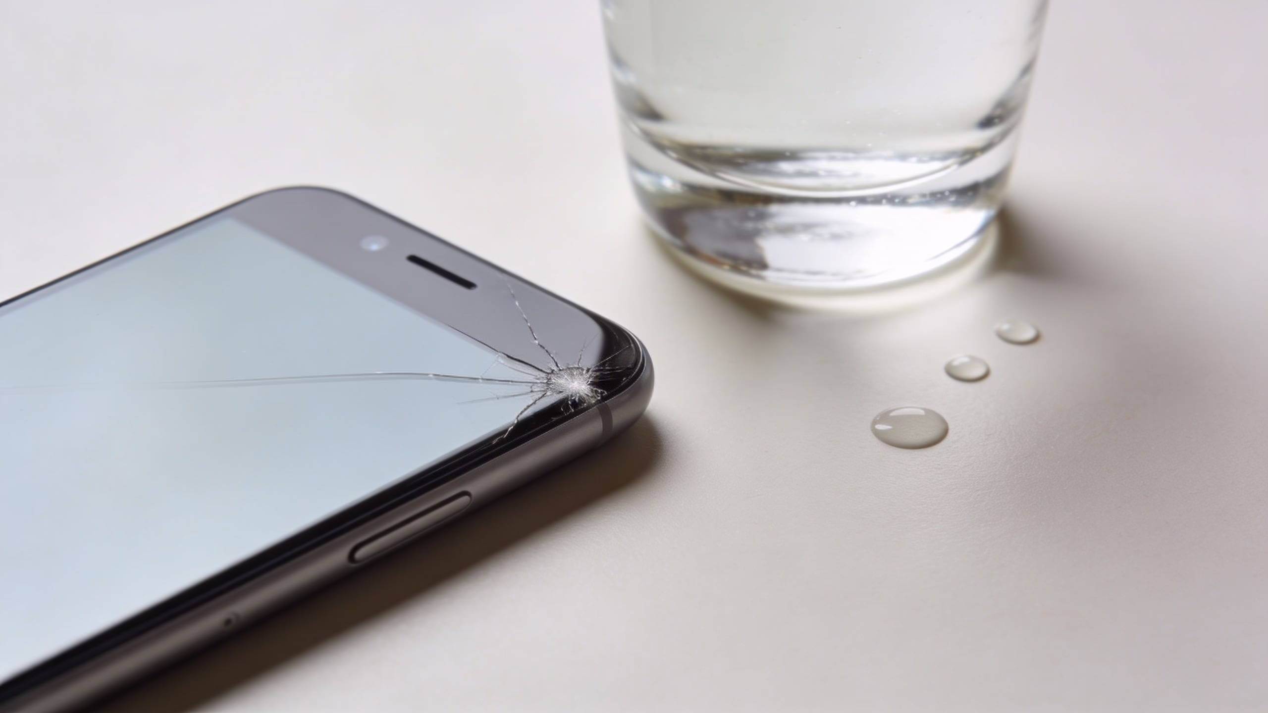 A cracked smartphone screen lying on a table next to a glass of water with spilled droplets.