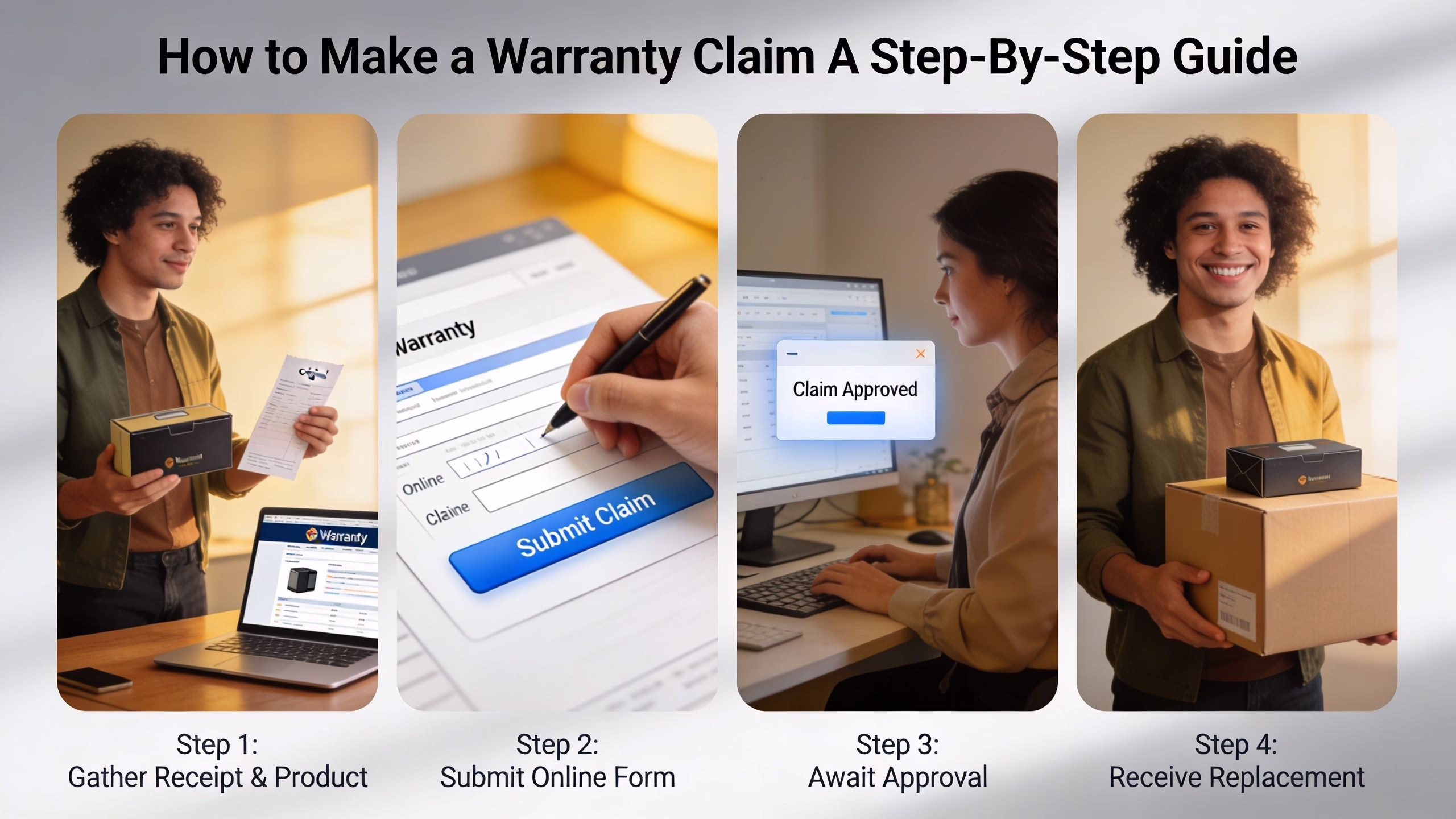 A four-step visual guide showing a customer processing a warranty claim for a refurbished electronic product.