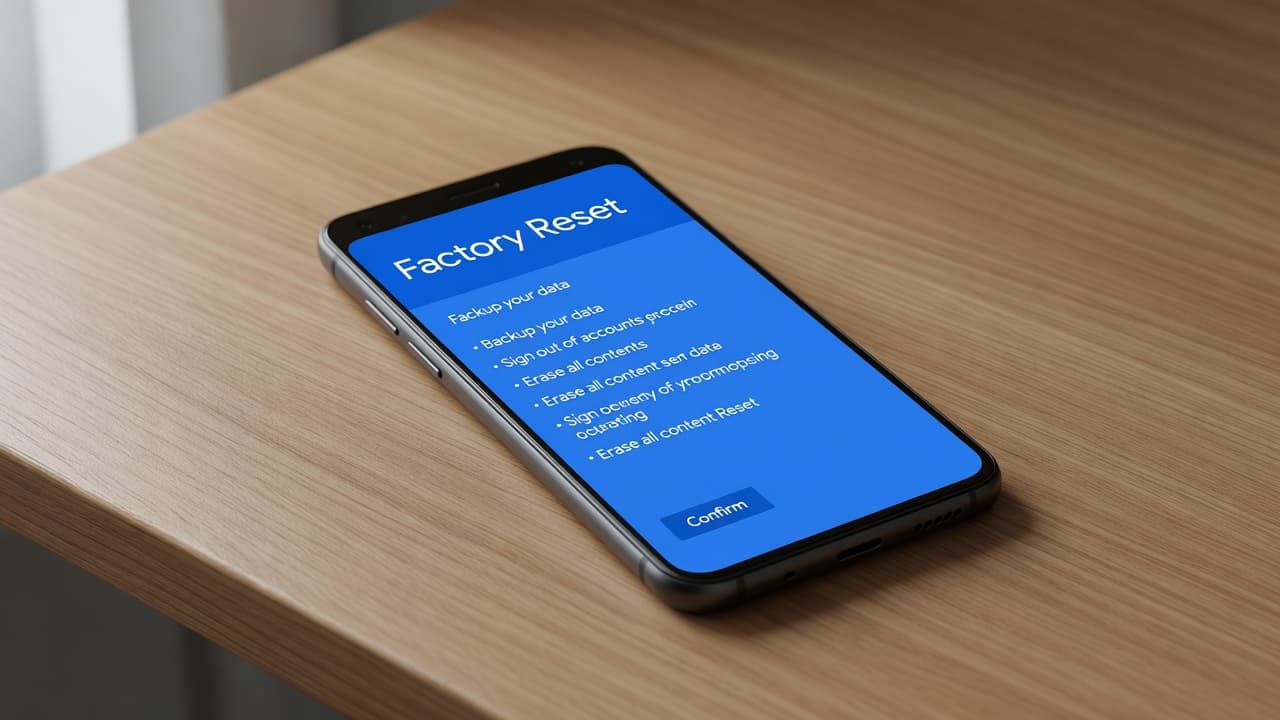 How to Factory Reset a Google Pixel Before Selling It 1 A modern smartphone rests on a polished wooden desk under soft side lighting. The screen prominently displays a bold blue header titled Factory Reset while preparing for a system configuration.