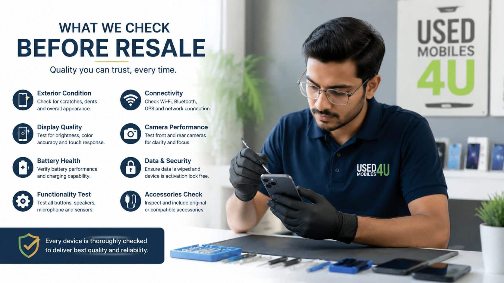 How to Spot Fake Refurbished Phones: A UK Guide 3 A technician wearing gloves checks the quality of a used mobile phone before resale in a workshop.