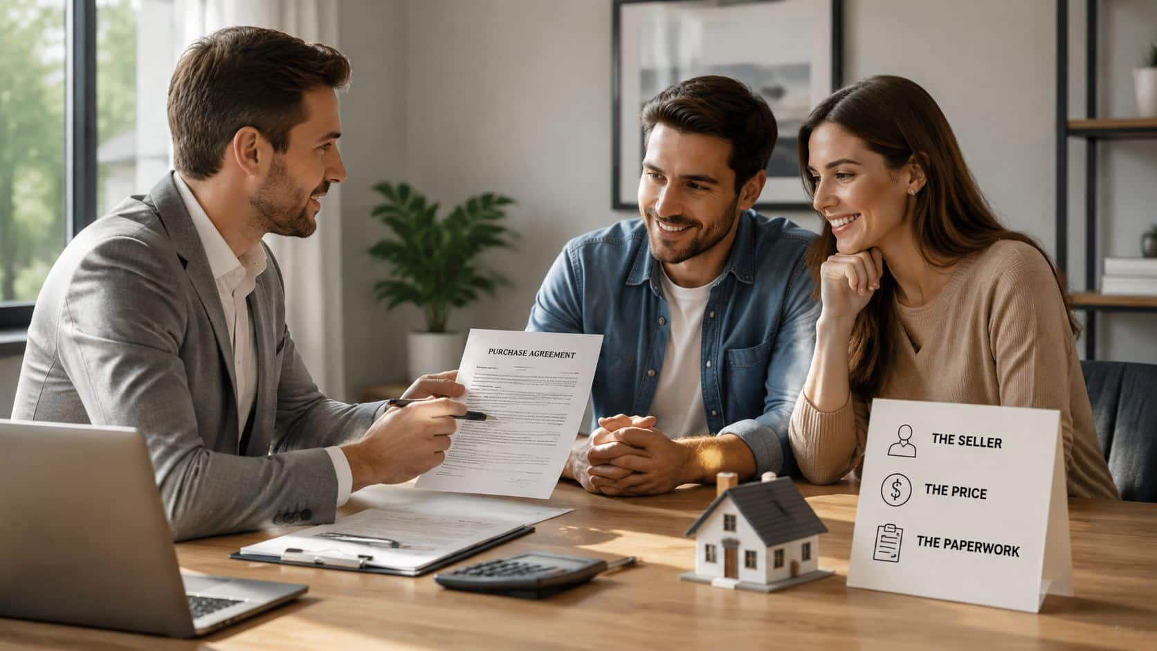 How to Spot Fake Refurbished Phones: A UK Guide 4 A professional real estate agent discusses a purchase agreement with a smiling couple at an office desk.