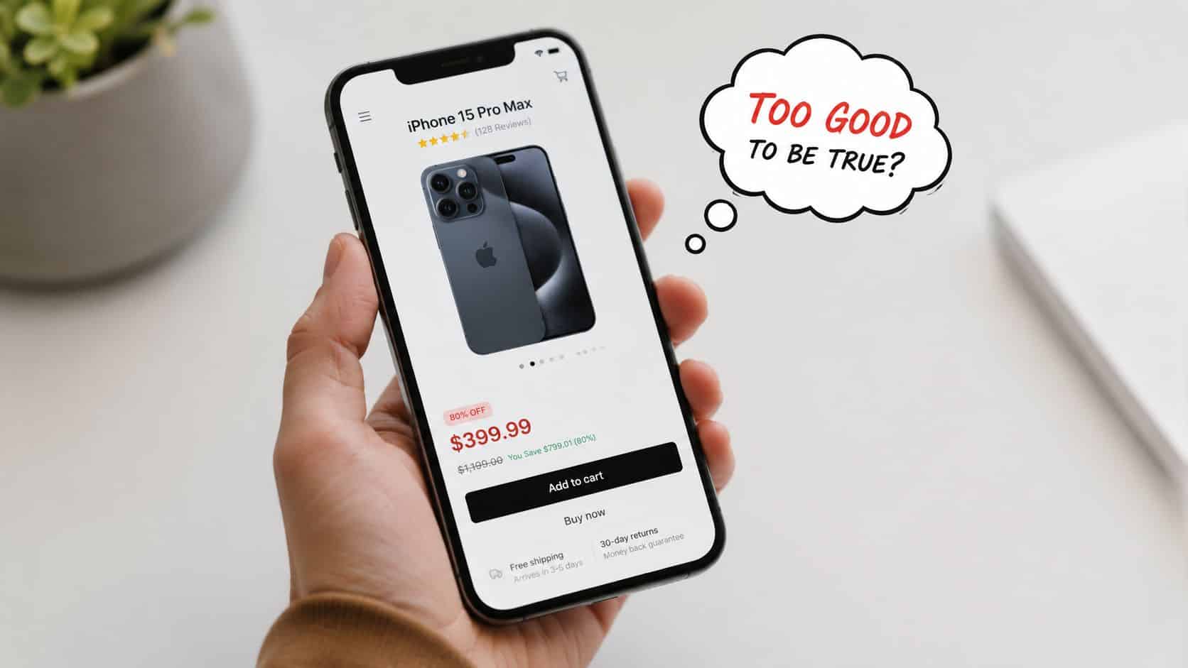 How to Spot Fake Refurbished Phones: A UK Guide 1 A hand holding a smartphone showing an unrealistically cheap iPhone 15 Pro Max online shopping advertisement.