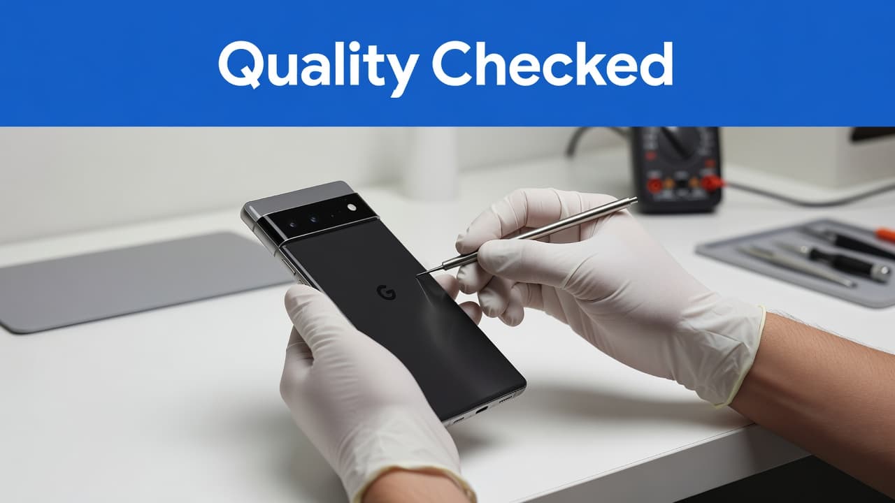 Refurbished Google Pixel 6 Buyer's Guide for UK 2026 1 A technician holds a Pixel 6 smartphone on a white desk to verify its condition. The bright lighting highlights the screen surface, with a Quality Checked banner visible in the background.