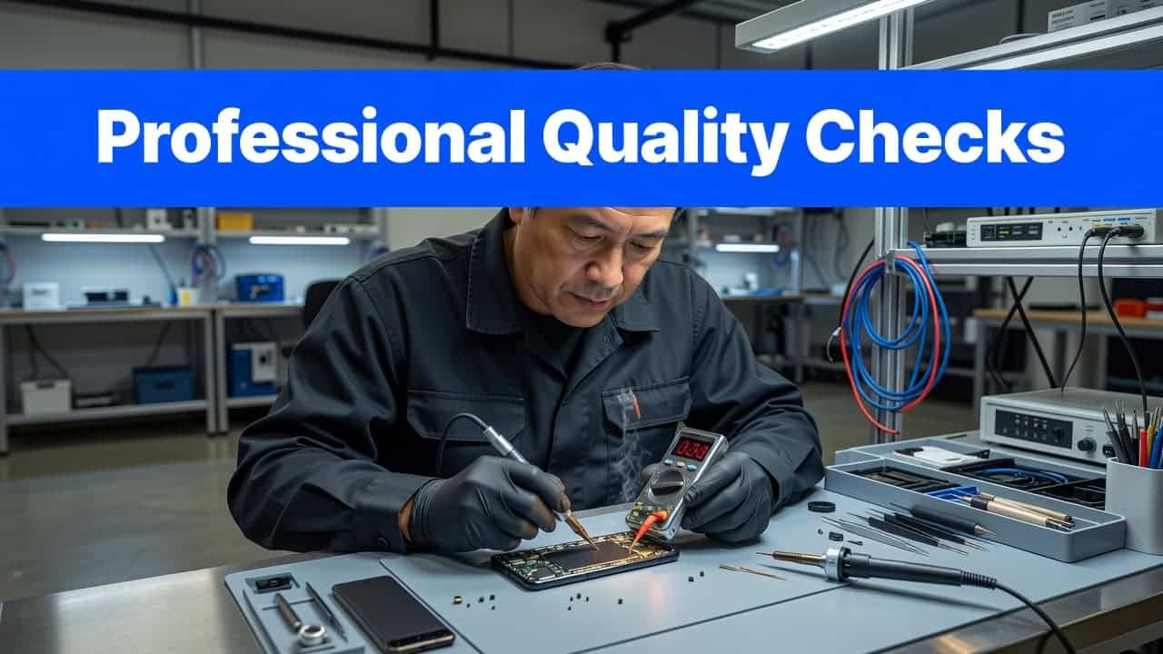 Refurbished Google Pixel 9 Buyer's Guide for the UK 2026 1 A technician wears precision tools to examine a smartphone inside a clean workshop setting. A bold blue header band above features the text Professional Quality Checks in a clean font.