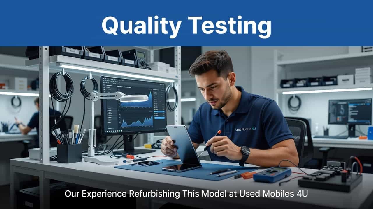 Refurbished Google Pixel 7a Buyer's Guide (UK 2026) 1 A technician examines a smartphone screen on a clean workshop bench under bright lighting. The setup features professional tools for refurbishing, emphasizing precision and quality control within a minimalist technical environment.