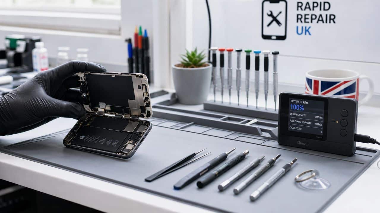 A technician wearing black gloves repairs an iPhone, testing the battery health using a diagnostic device.