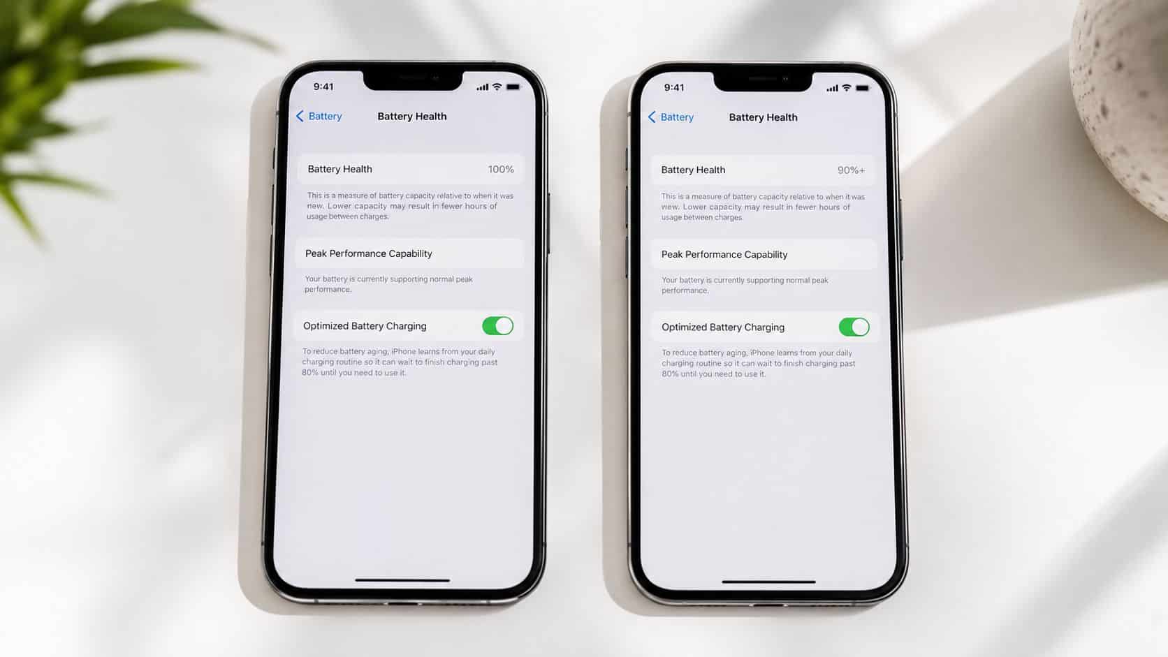 Two iPhones side-by-side displaying battery health settings showing 100% capacity compared to 90% plus capacity.