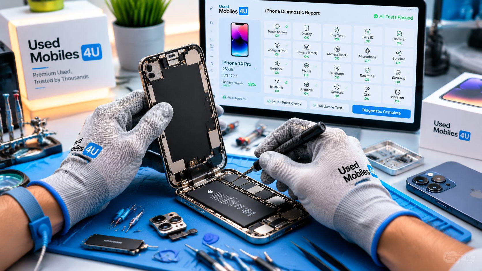 A technician wearing logo gloves repairs an iPhone 14 Pro while a screen displays diagnostic test results.