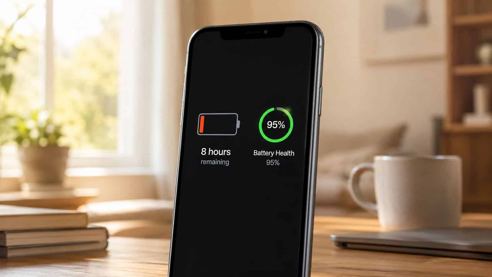 A smartphone display showing 8 hours of battery remaining and 95 percent battery health status.