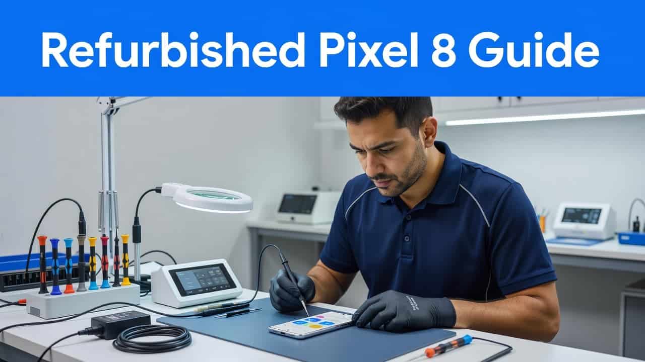 Refurbished Google Pixel 8 Buyer's Guide for the UK in 2026 1 A skilled technician inspects a sleek smartphone on a professional workbench. Specialized diagnostic tools surround the device, while a bold blue headline indicates a guide for refurbished tech devices.
