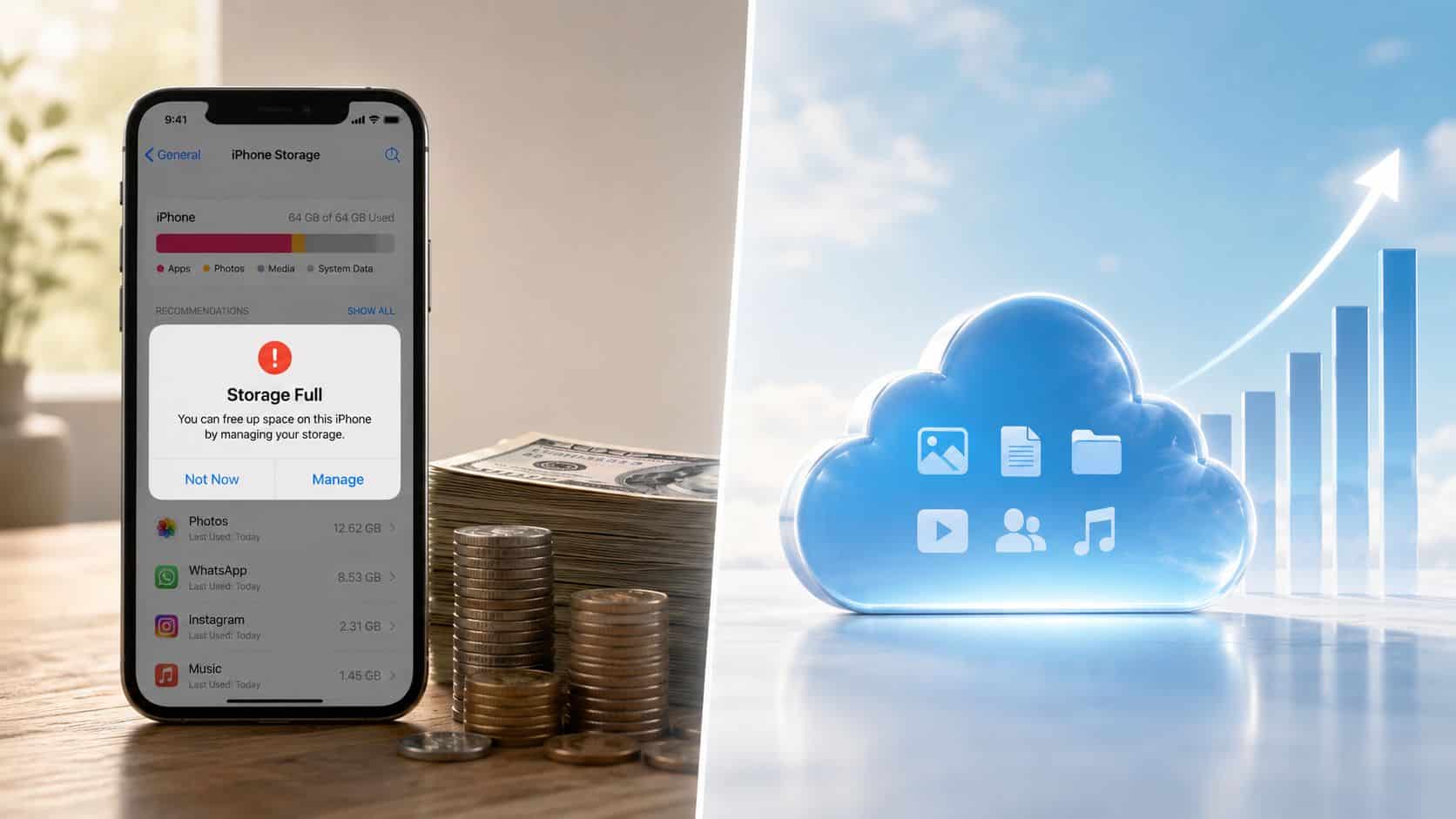 iPhone Storage Options: A Practical UK Guide for 2026 1 An iPhone displaying a Storage Full alert next to a stack of coins and a cloud storage graphic.