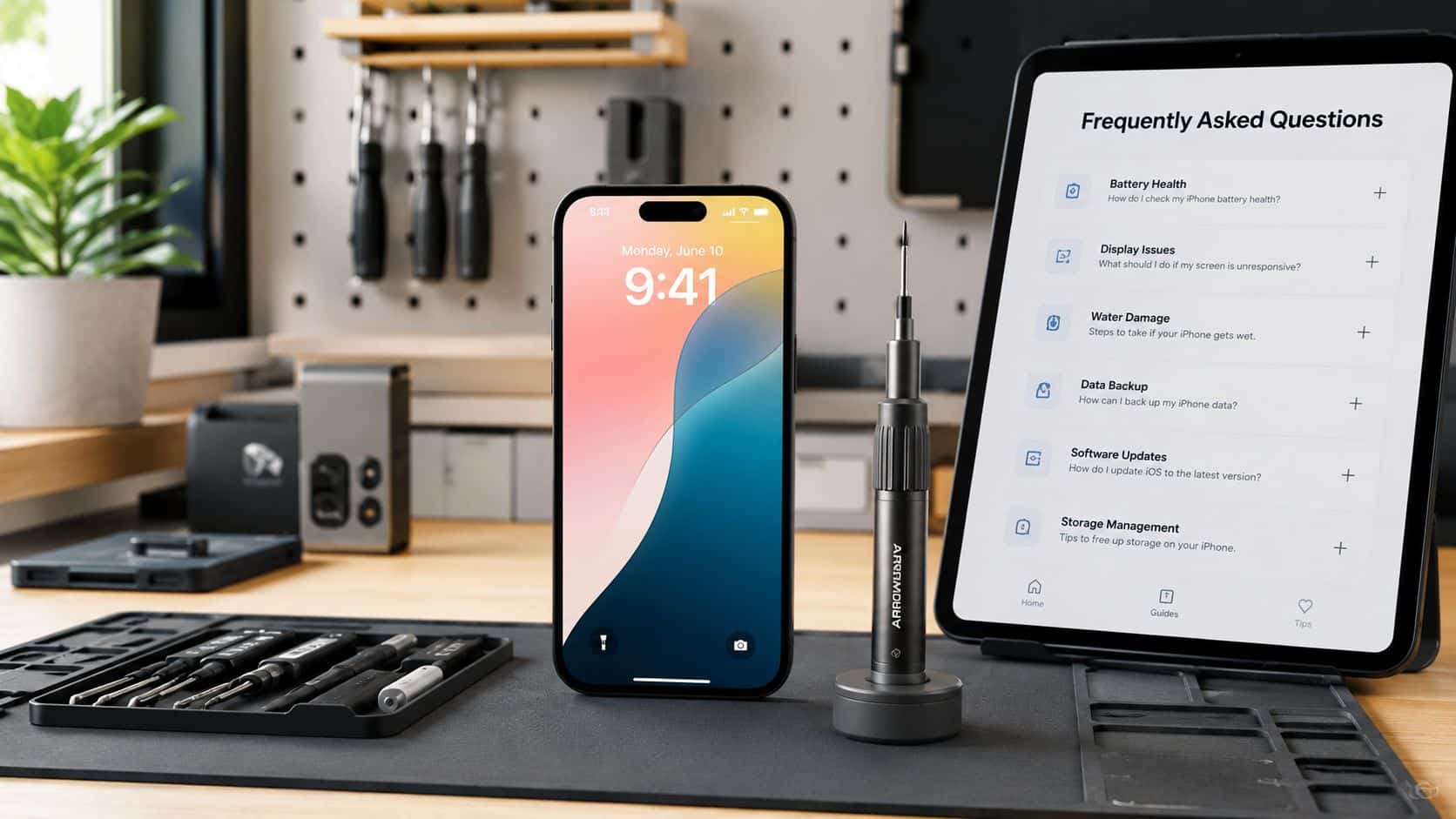 iPhone Storage Options: A Practical UK Guide for 2026 2 A smartphone, screwdriver, and tablet displaying iPhone support FAQs on a workshop desk with tools.