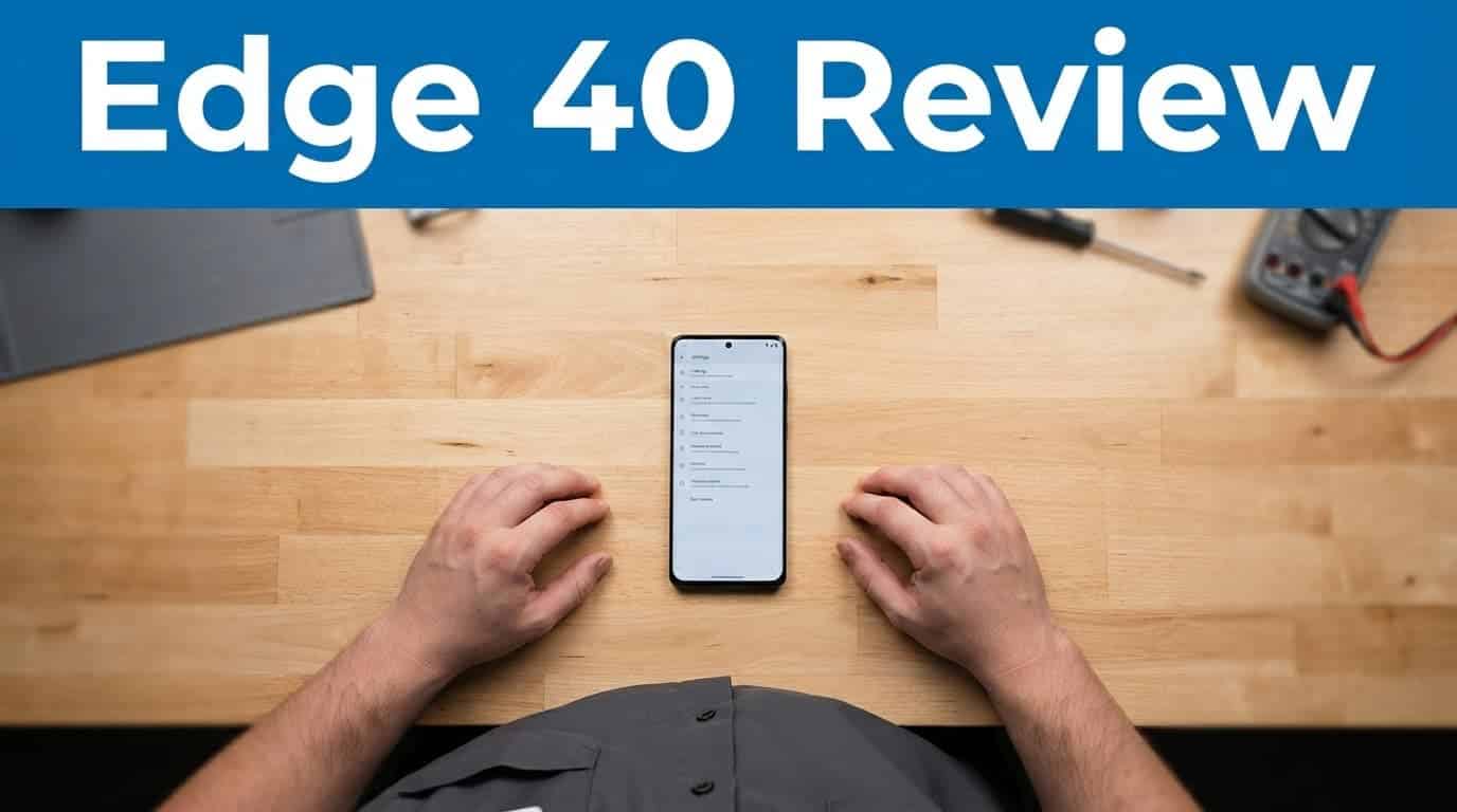 Is a Refurbished Motorola Edge 40 Worth Buying? 1 A technician at a workbench with a refurbished smartphone and a blue headline banner.