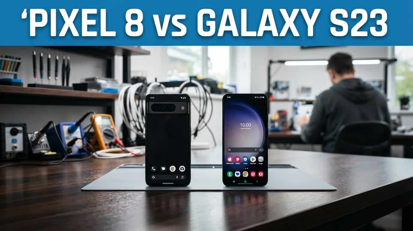 Pixel 8 vs Galaxy S23: Which Refurbished Phone Wins? 1 Two smartphones displayed side by side on a sleek workbench with a blue accent line.