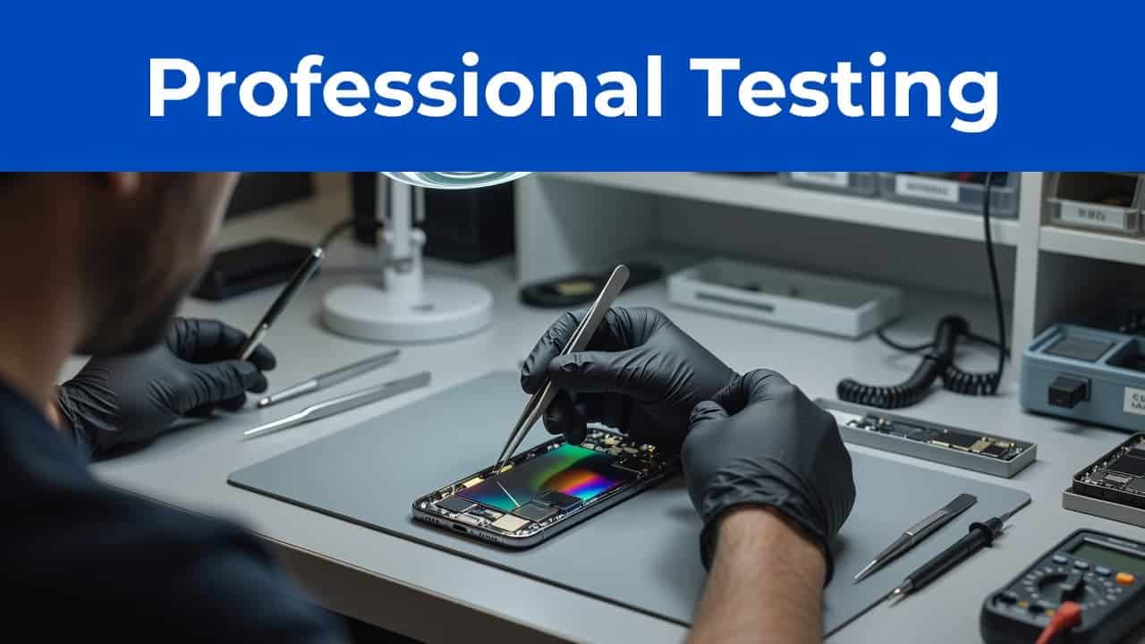 Refurbished Samsung Galaxy S23 Plus Buyer's Guide UK 2026 1 A technician wears clean gloves while carefully testing a smartphone screen on a tidy workbench. Precision metal tools lay nearby under bright studio lights, highlighting the professional refurbishment process in progress.