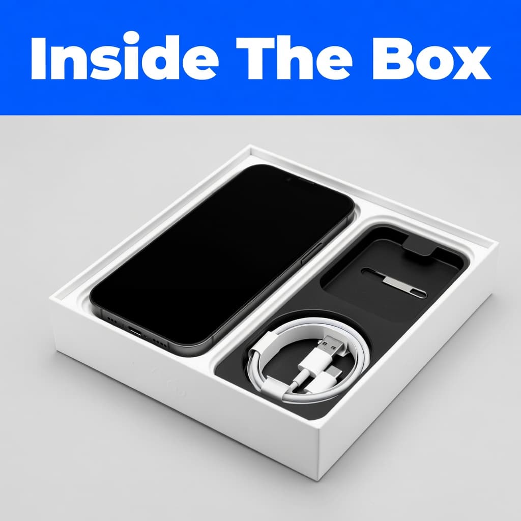 Refurbished Phone Box Contents: What to Expect 1 A neatly organised retail box reveals a refurbished smartphone nestled beside a coiled white charging cable and a small metal SIM removal tool. Bold blue text at the top reads Inside The Box.