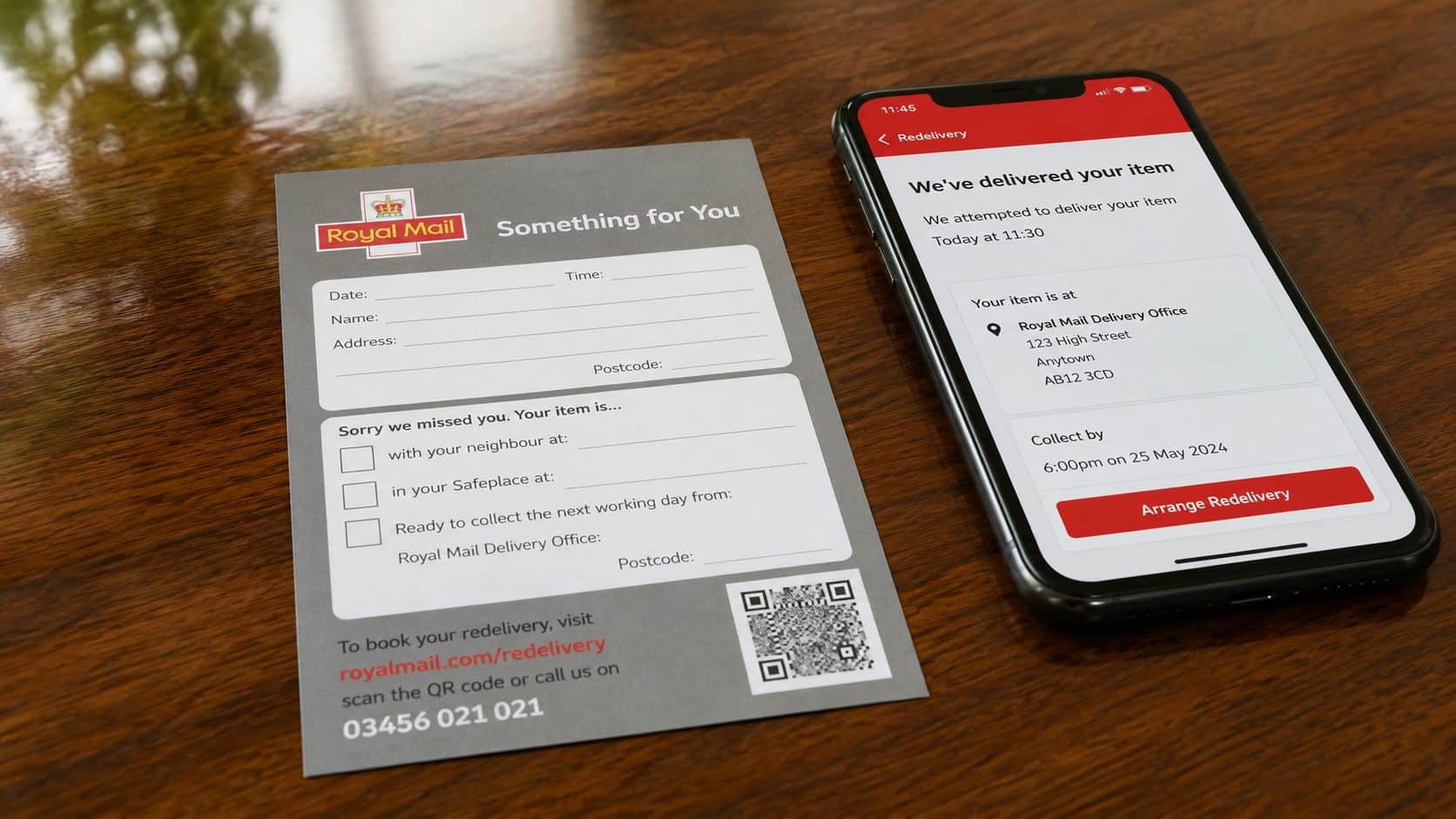 Royal Mail QR Code: How to Scan, Track and Stay Safe 1 A Royal Mail missed delivery card lying on a wooden table next to a smartphone showing redelivery options.