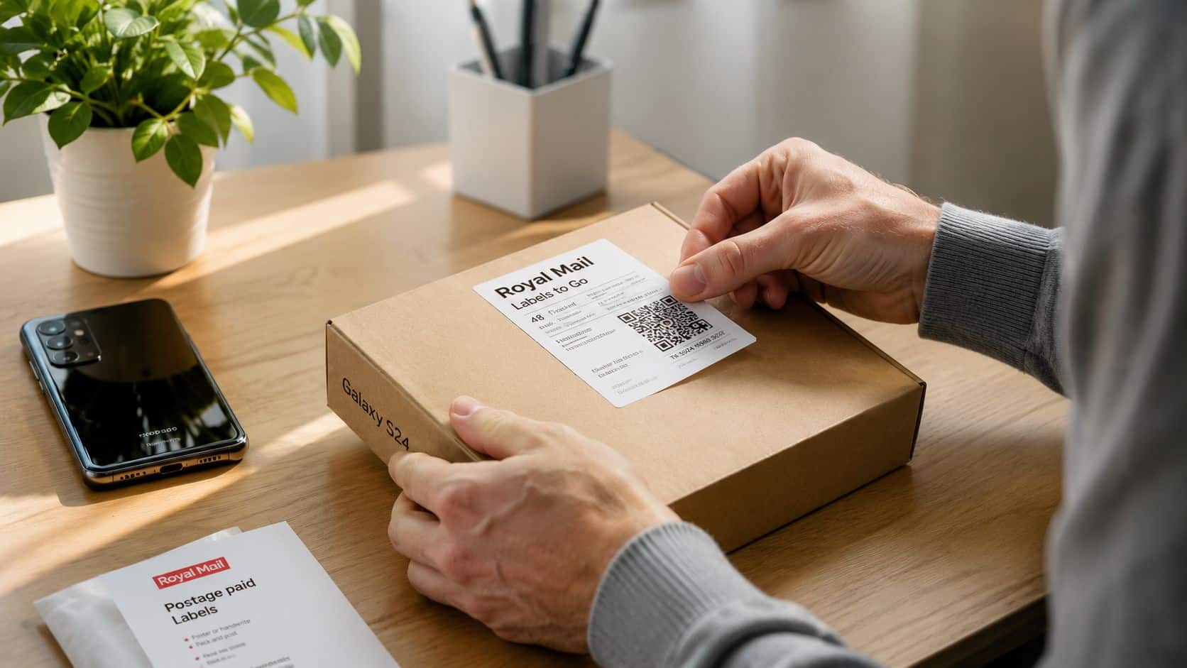 Royal Mail QR Code: How to Scan, Track and Stay Safe 2 A person placing a Royal Mail QR code shipping label onto a brown cardboard package.