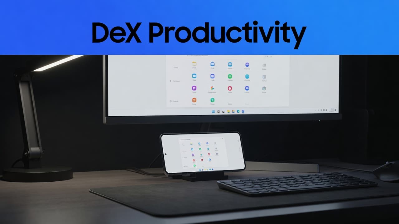 Refurbished Samsung DeX Phones That Support Desktop Mode in 2026 1 A sleek smartphone connects to a wide display showing a minimalist interface under crisp lighting. The top border features a bold blue header with the text DeX Productivity in white.
