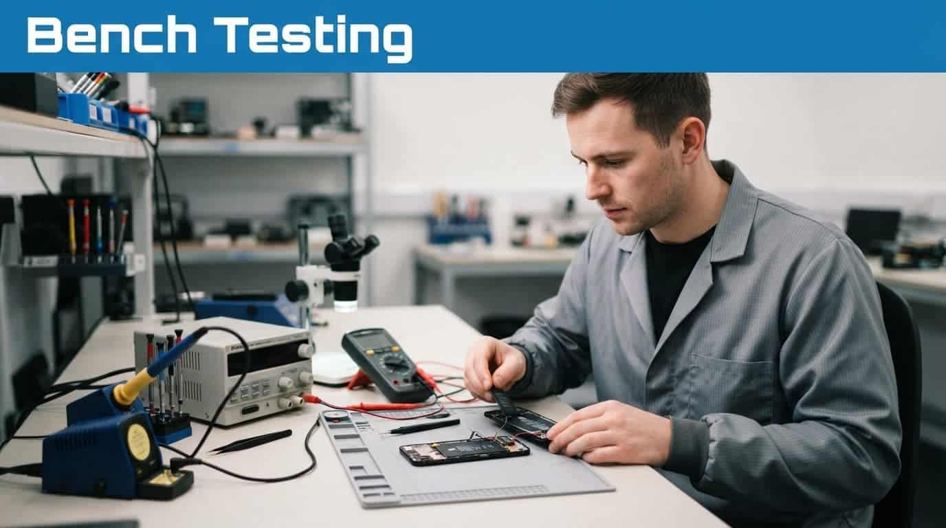 Pixel 8 vs Galaxy S23: Which Refurbished Phone Wins? 2 A technician uses specialized diagnostic tools to test smartphone battery health on a clean workbench.