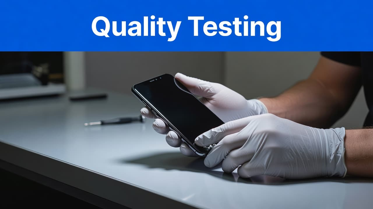 Pixel 8a vs Pixel 8: Which Refurbished Buy Wins in 2026 1 A technician holds a smartphone under bright workshop lights to inspect the screen for defects. The background features a crisp blue header bar labeled Quality Testing above the clean workbench.