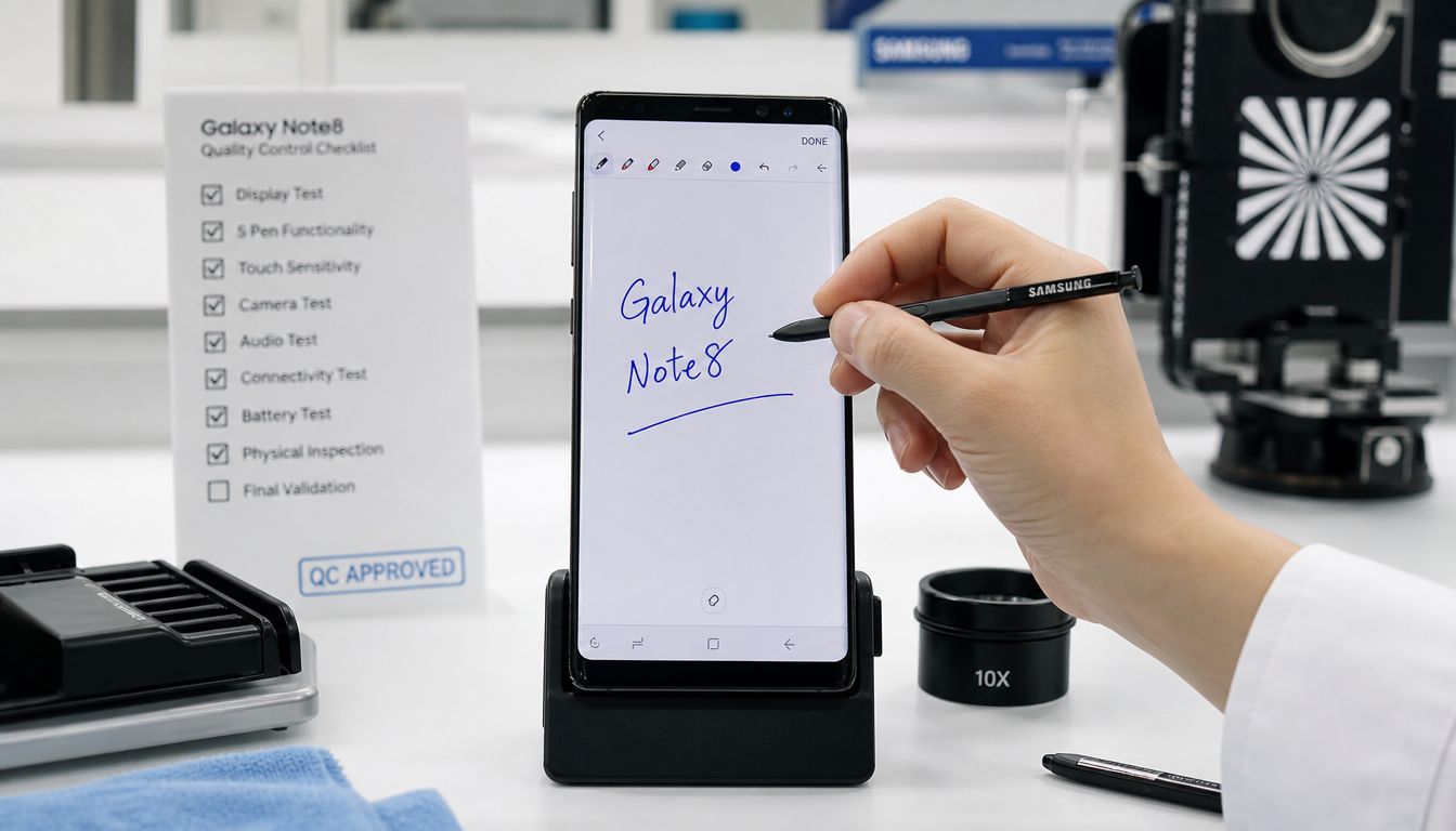 A Smartphone Samsung Note 8 in 2026? Our Expert Advice 2 A technician using a stylus to write Galaxy Note8 on a smartphone screen during quality control testing.