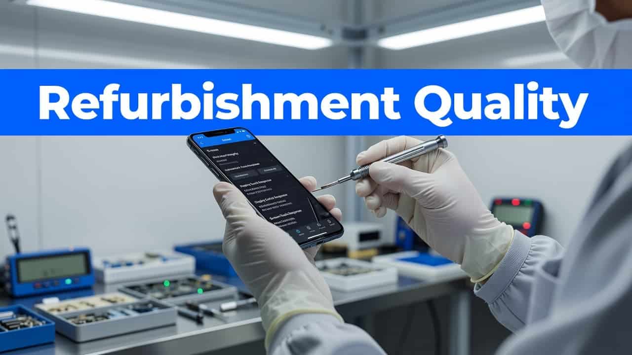 Refurbished Samsung DeX Phones That Support Desktop Mode in 2026 2 A technician uses specialized diagnostic tools to evaluate a smartphone screen and charging port inside a clean workshop. The professional focus emphasizes precision testing for high-quality device repair and certification.