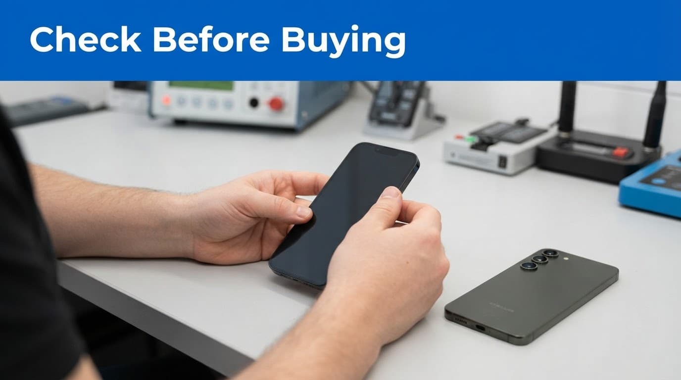 Hands inspecting a refurbished iPhone 13 beside a Samsung Galaxy S23 on a workshop bench